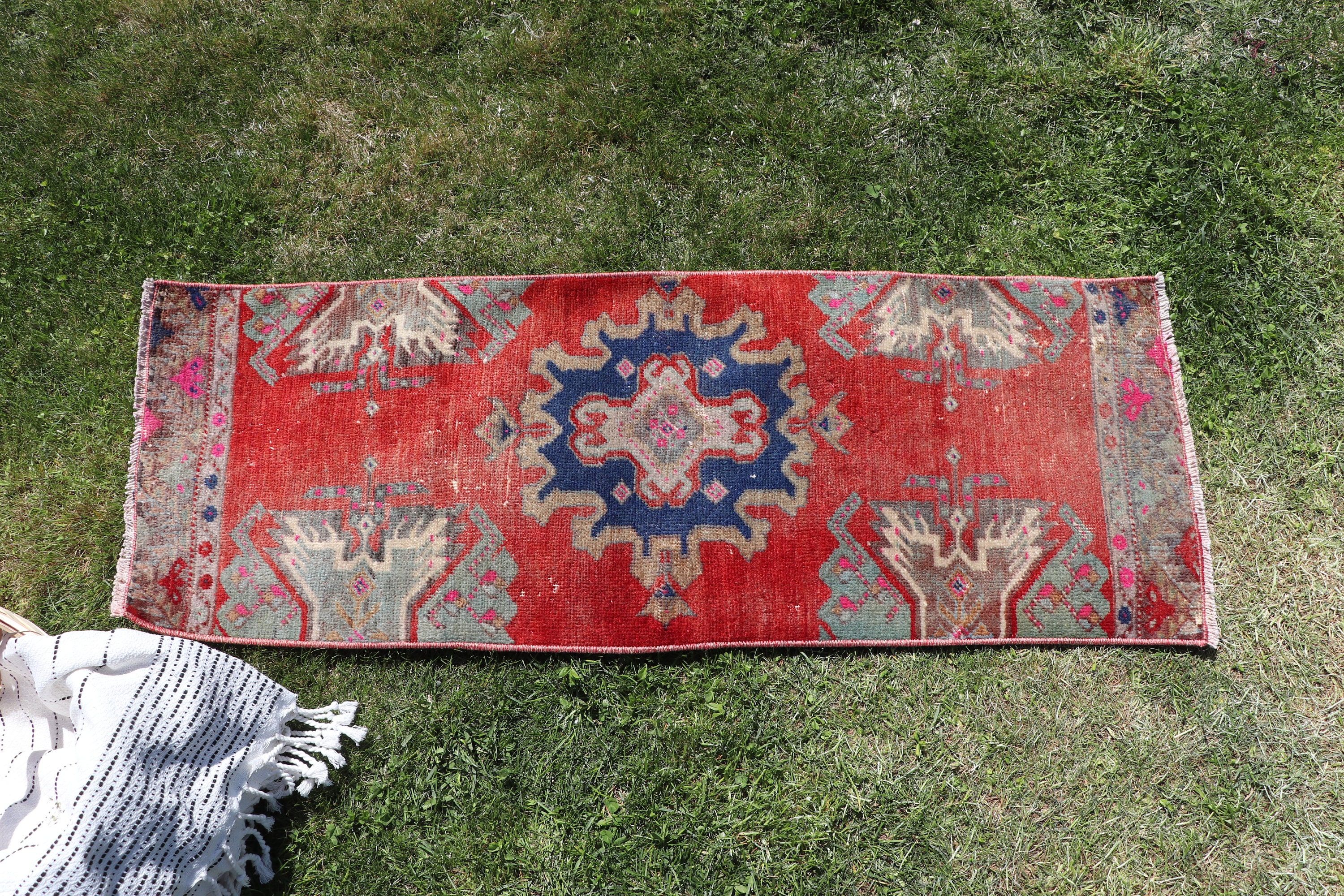 Vintage Rug, 1.3x3.5 ft Small Rugs, Car Mat Rug, Door Mat Rugs, Boho Rug, Turkish Rug, Rugs for Kitchen, Red Statement Rugs, Oriental Rugs