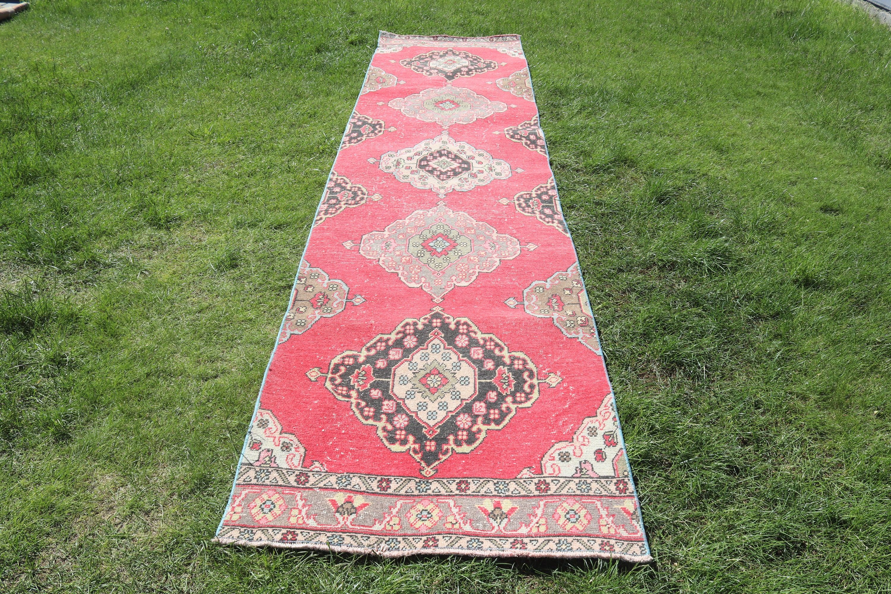 Uzun Yolluk Halıları, Yün Halıları, Türk Halısı, Vintage Halı, Kırmızı Geometrik Halılar, 2.9x12.8 ft Runner Halıları, Vintage Runner Halıları, Oryantal Halı