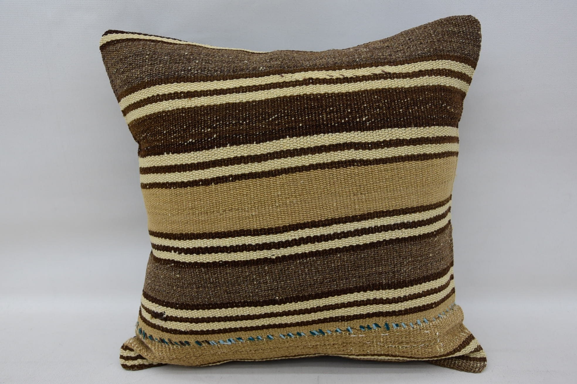 Natural Cushion Case, Crochet Pattern Pillow, Throw Kilim Pillow, Kilim Pillow, 14"x14" Brown Pillow Sham, Vintage Pillow