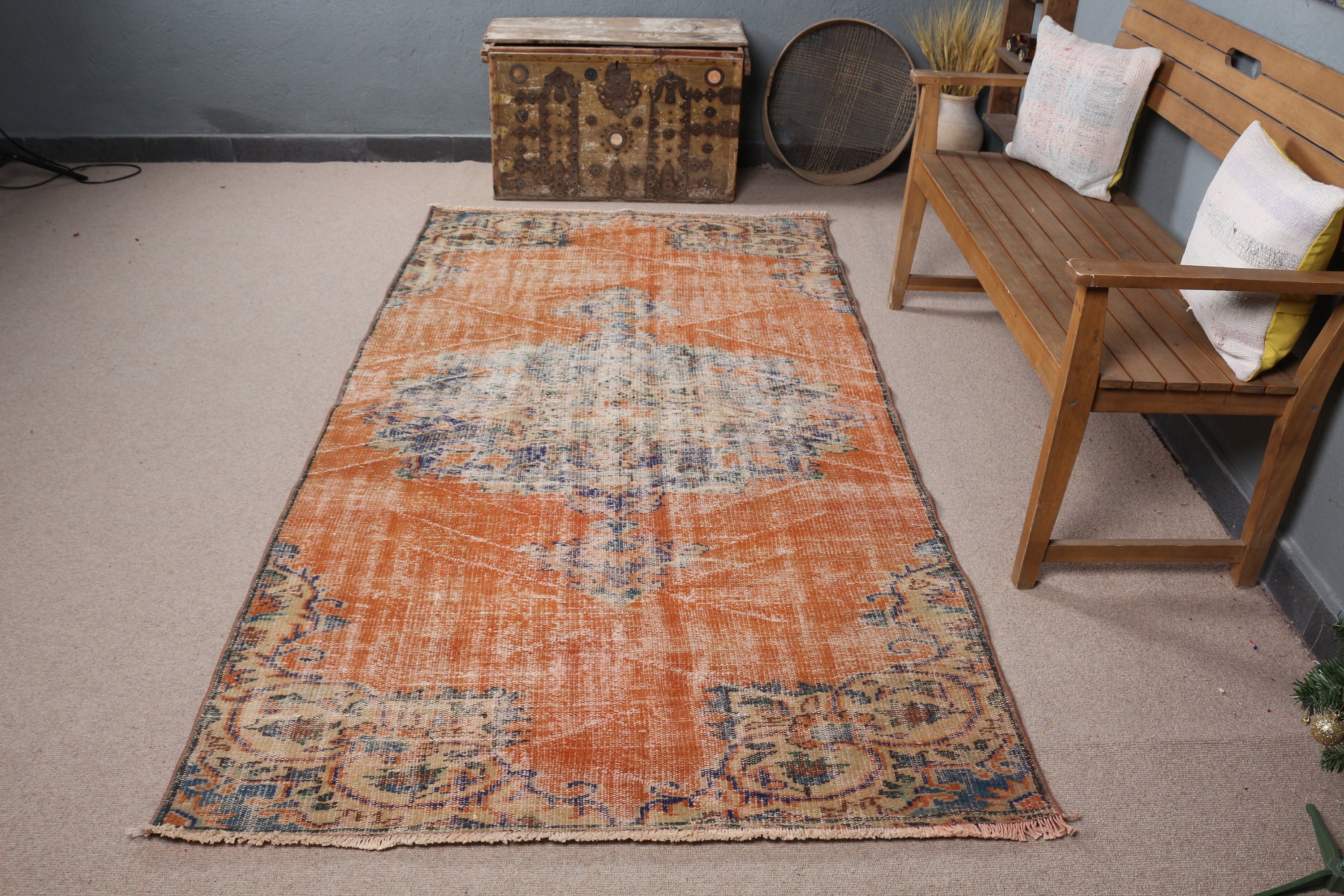 Orange Wool Rug, Oushak Rug, Rugs for Kitchen, Vintage Rug, Bedroom Rugs, Turkish Rugs, 4.2x8 ft Area Rug, Vintage Decor Rugs