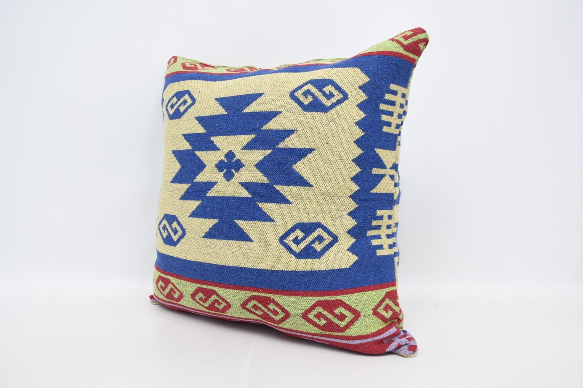 Ethnical Kilim Rug Pillow, Vintage Kilim Pillow, Garden Cushion Case, 28"x28" Blue Pillow Cover, Kilim Pillow, Floor Pillow Case