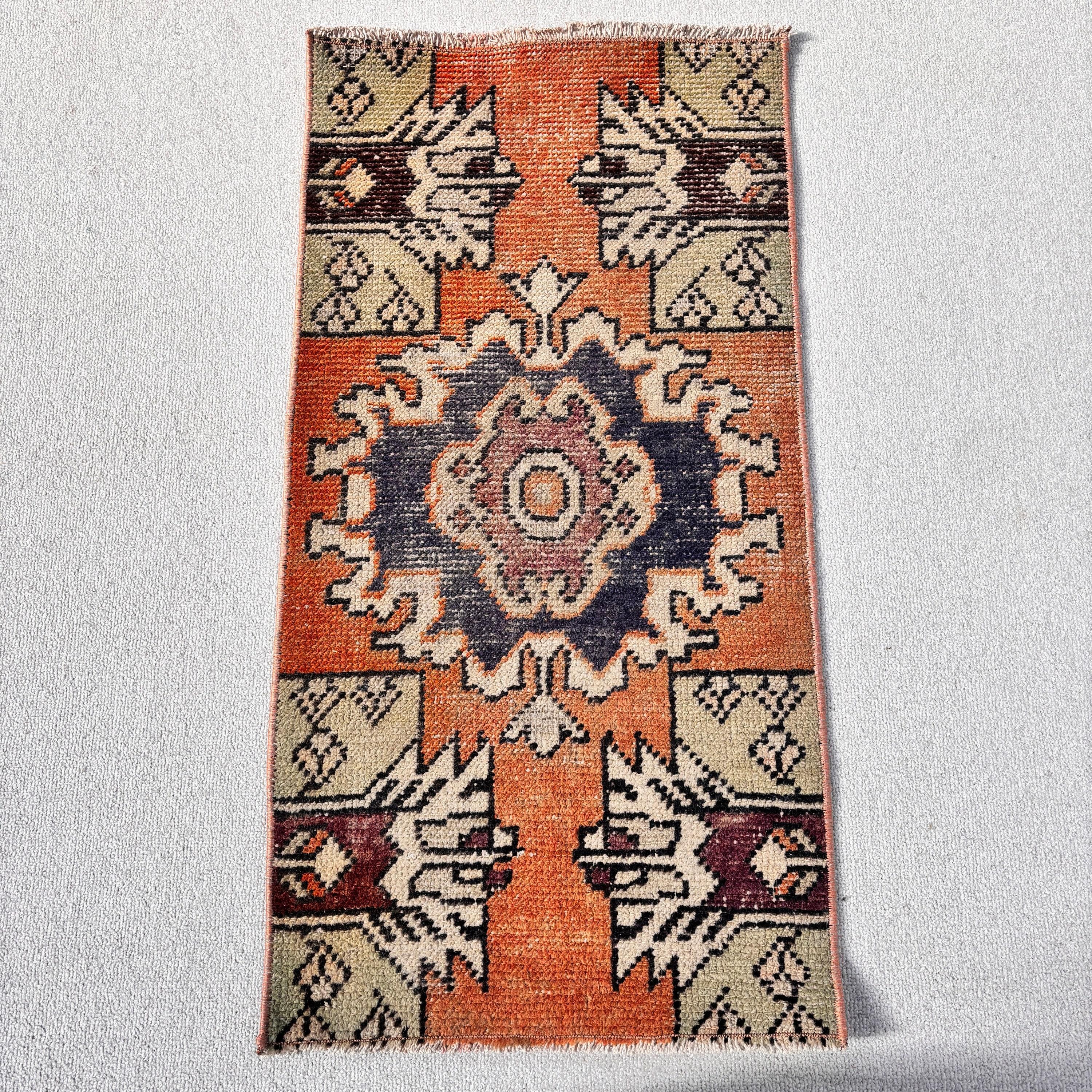 Turuncu Geometrik Halılar, Paspas Halıları, Vintage Halı, Türk Halıları, Duvara Asılı Halı, Modern Halılar, 1.5x2.9 ft Küçük Halı