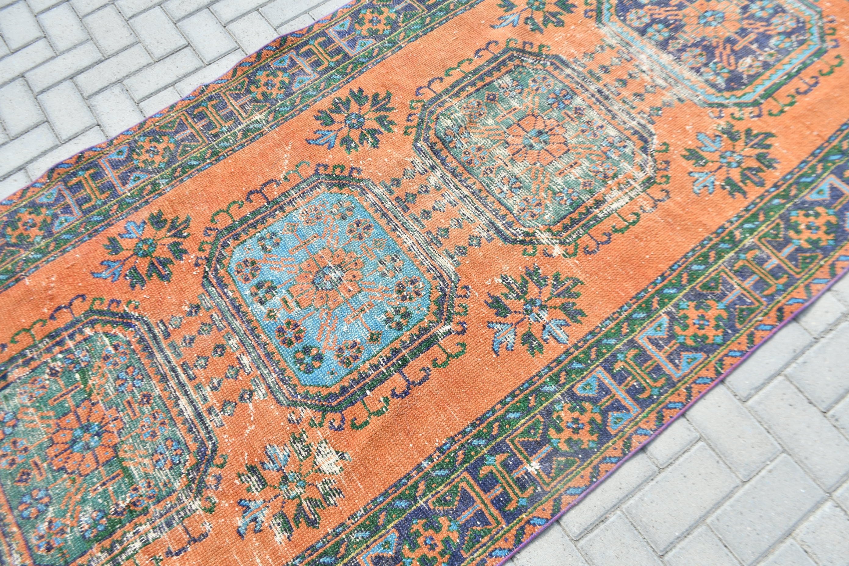 Kitchen Rug, Hand Woven Rug, Vintage Rug, Orange Moroccan Rugs, Bedroom Rug, 4.4x11.3 ft Runner Rugs, Rugs for Kitchen, Turkish Rug