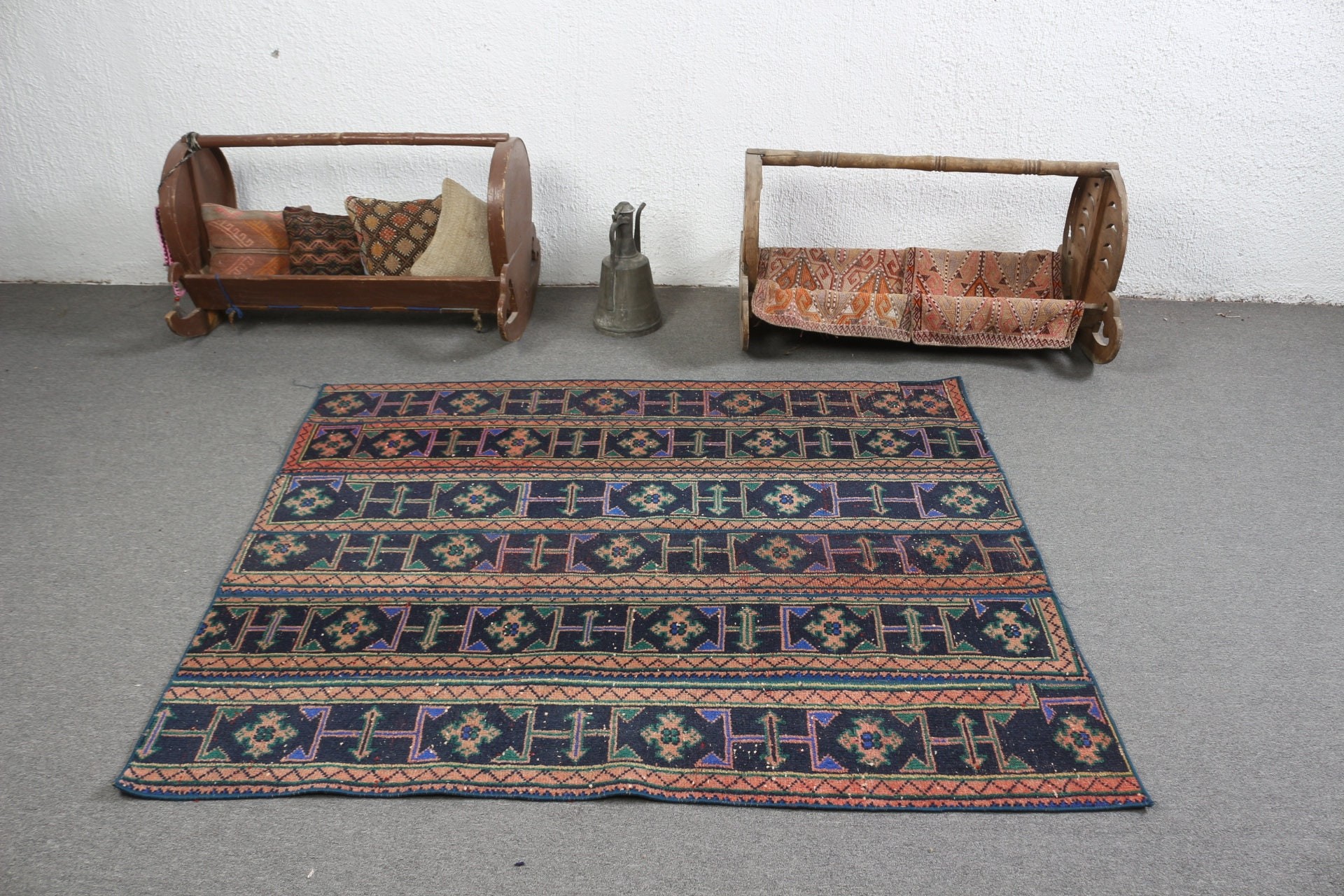 Indoor Rugs, Turkish Rugs, Antique Rug, Oriental Rugs, Dining Room Rug, Rugs for Floor, 4.6x5.4 ft Area Rug, Blue Cool Rugs, Vintage Rug