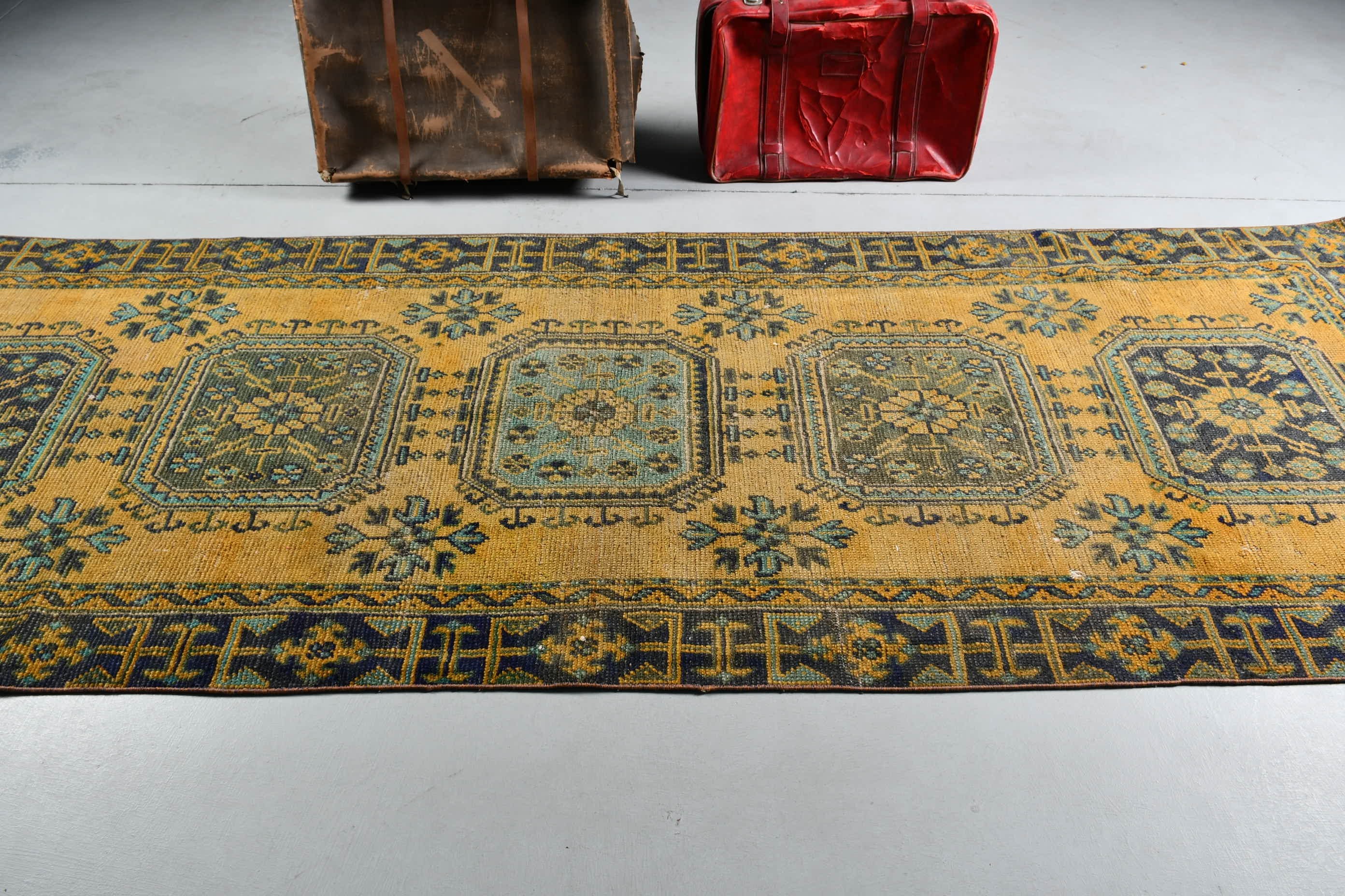 Turkish Rug, Vintage Rug, Kitchen Rug, Rugs for Corridor, 3.8x11.2 ft Runner Rugs, Yellow Oriental Rug, Old Rug, Oriental Rug