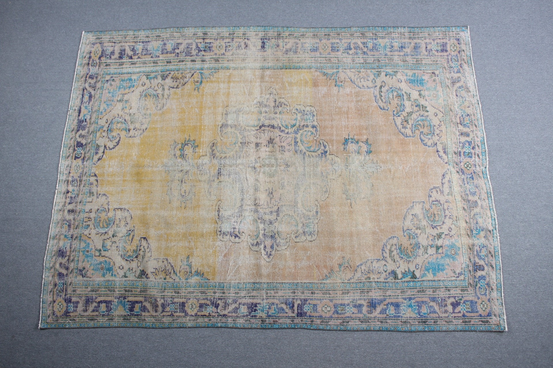 6.9x9.4 ft Büyük Halılar, Vintage Halı, Boho Halı, Oturma Odası Halısı, Sarı Yün Halı, Yer Halısı, Sanat Halısı, Yatak Odası Halısı, Türk Halısı