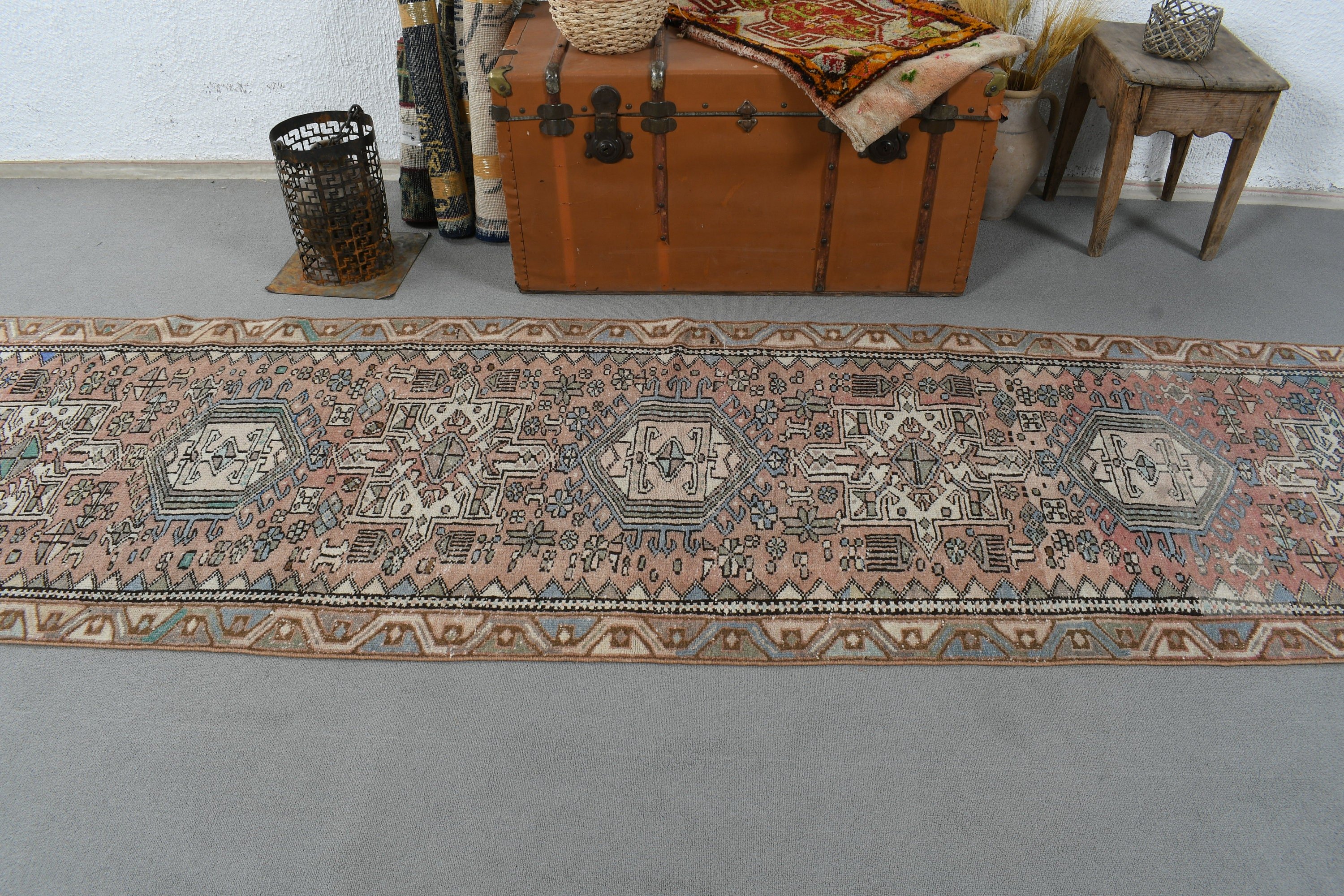 Türk Halısı, Boho Halıları, 2.8x10.5 ft Runner Halısı, Koridor Halıları, Açıklama Halısı, Turuncu Geometrik Halılar, Vintage Halılar, Vintage Runner Halısı