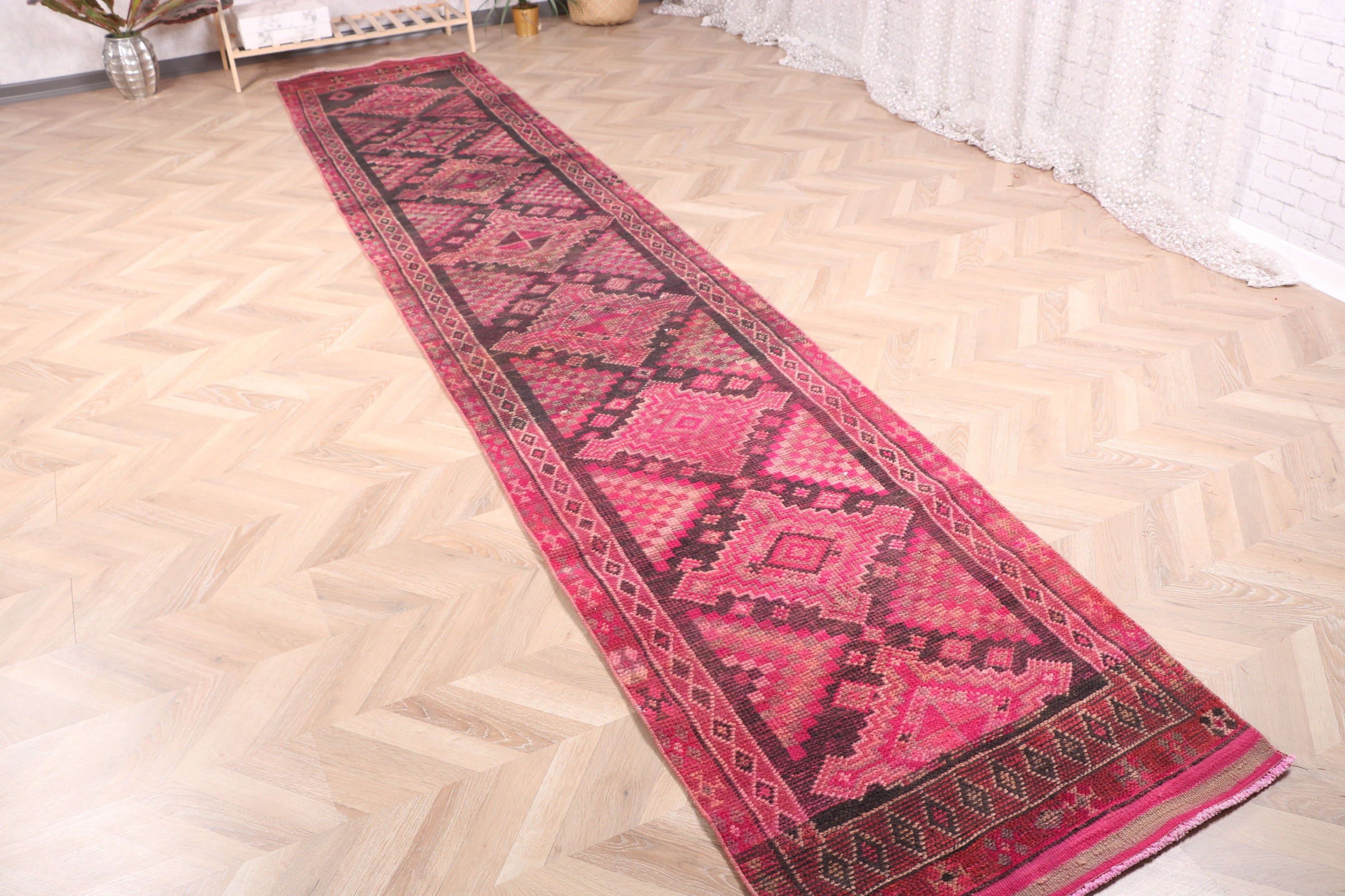 Pembe Açıklama Halısı, Vintage Halılar, Etnik Halı, 2.7x14.2 ft Runner Halıları, Yatak Odası Halısı, Beni Ourain Runner Halıları, Düz Dokuma Halılar, Türk Halısı