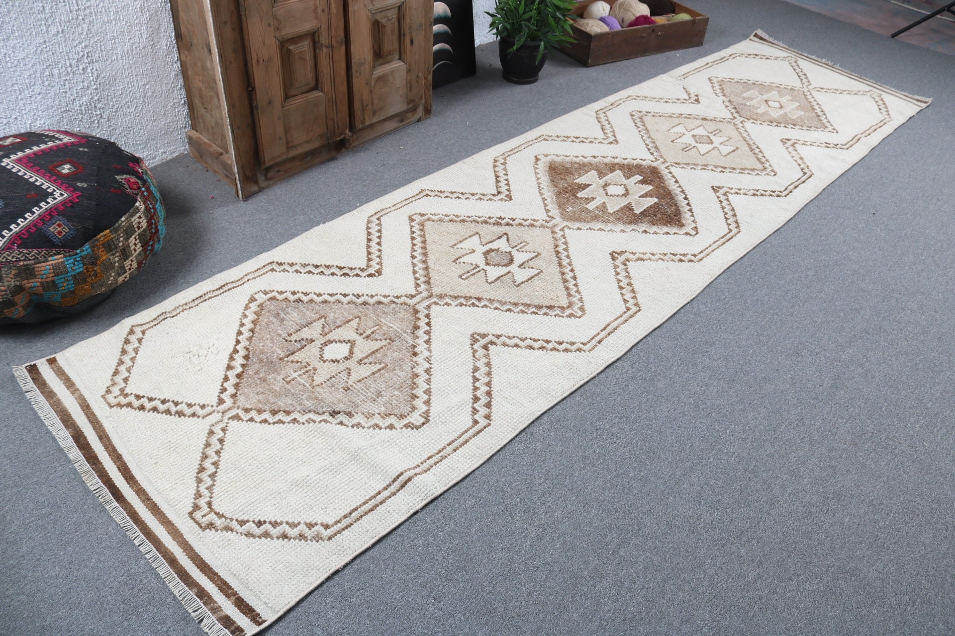 Koridor Halıları, Lüks Halı, Geometrik Halı, Vintage Halı, Vintage Runner Halıları, Bej Düz Dokuma Halı, Türk Halısı, 3.1x11.8 ft Runner Halıları