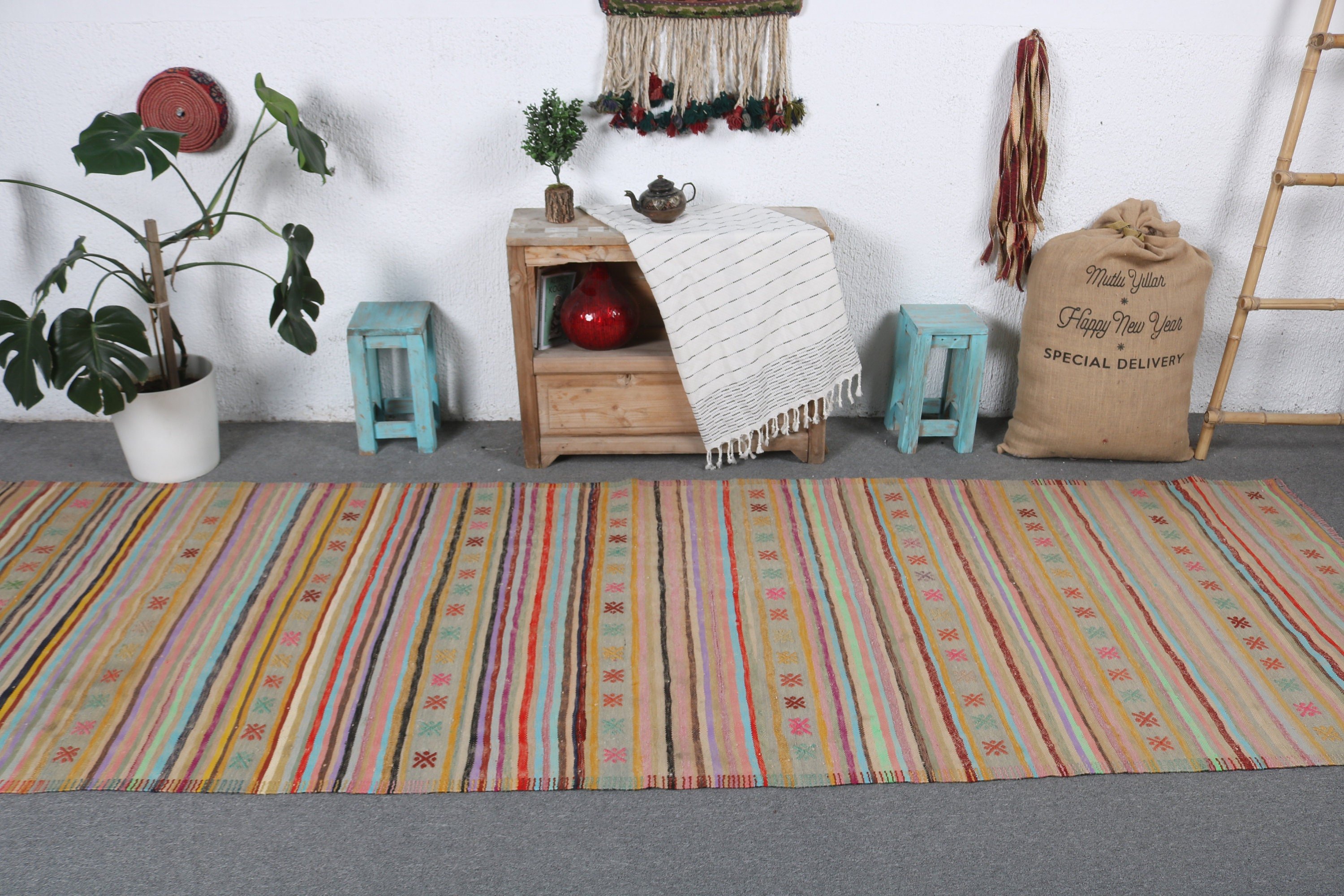 Rainbow Moroccan Rugs, Vintage Runner Rug, Vintage Rug, Kilim, 3.7x11.1 ft Runner Rugs, Turkish Rugs, Modern Rugs, Hallway Rug, Wool Rugs