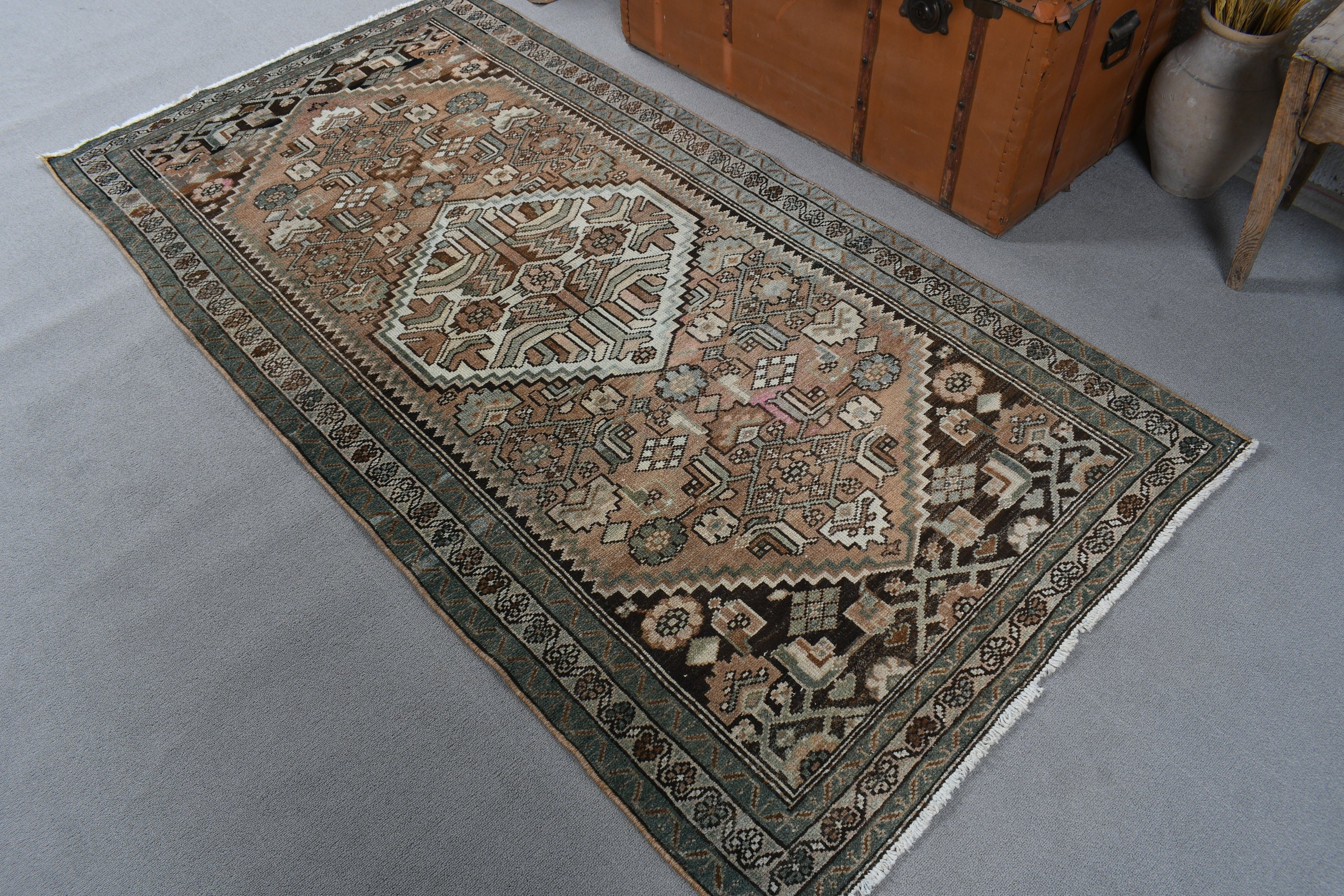 3,4x6,6 ft Aksan Halıları, Vintage Halılar, Yün Halı, Türk Halısı, Kahverengi Oushak Halıları, Mutfak Halısı, Fas Halıları, Giriş Halıları, Giriş Halıları