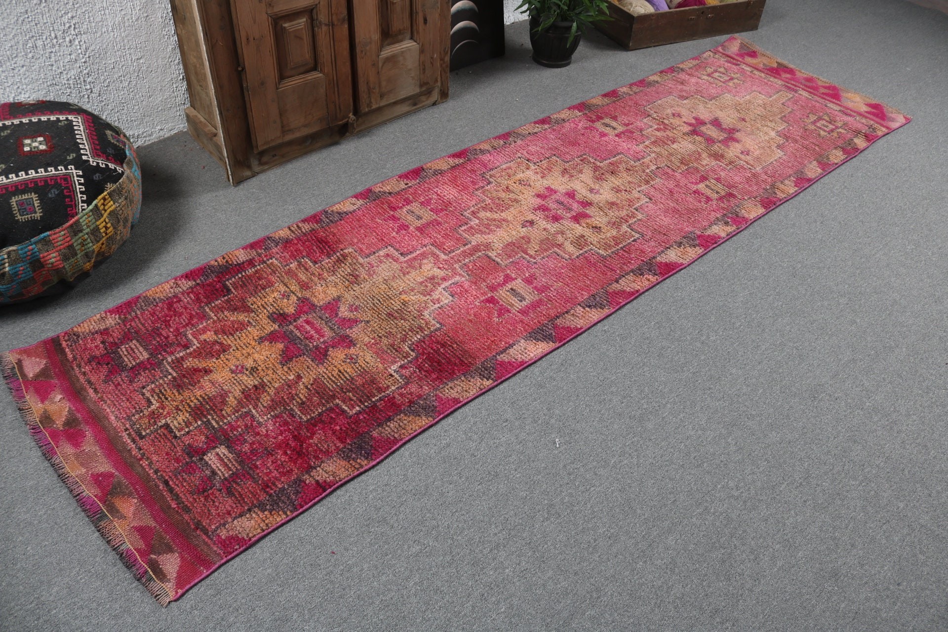 2.6x9.7 ft Runner Halıları, Runner Halıları, Türk Halıları, Lüks Halılar, Merdiven Halısı, Pembe Lüks Halı, Yatak Odası Halıları, Koridor Halısı, Vintage Halı