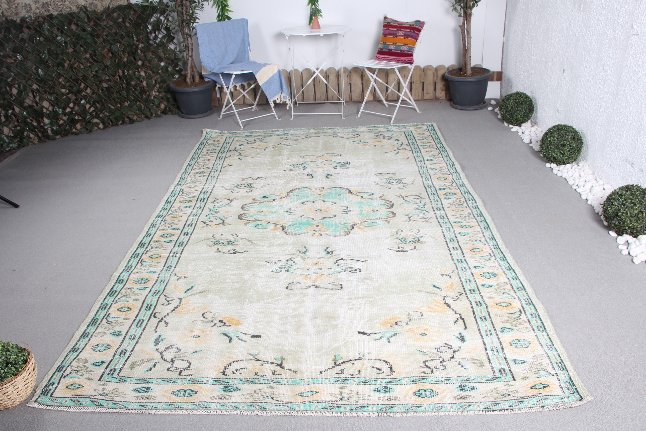 Vintage Halılar, Oushak Halıları, Salon Halıları, Antika Halılar, 6,2x9,7 ft Büyük Halı, Bej Soğuk Halı, Oturma Odası Halısı, Türk Halısı, Yatak Odası Halıları