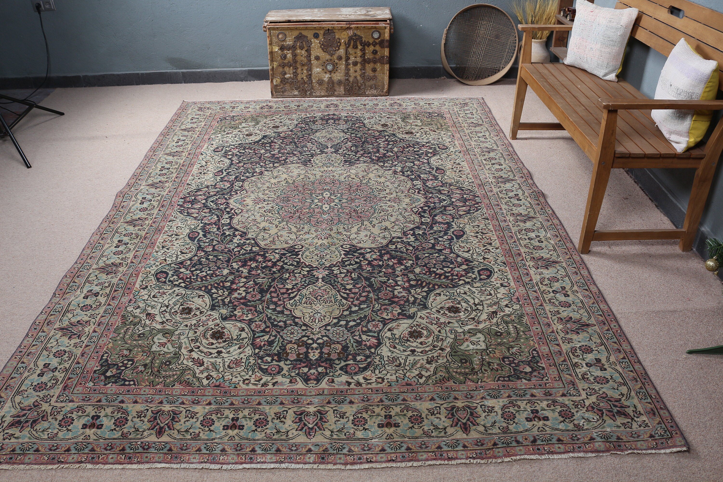 Vintage Halılar, Yeşil Mutfak Halısı, Yemek Odası Halıları, Vintage Dekor Halısı, Yatak Odası Halısı, Oushak Halıları, Harika Halı, 6.8x9.6 ft Büyük Halı, Türk Halısı