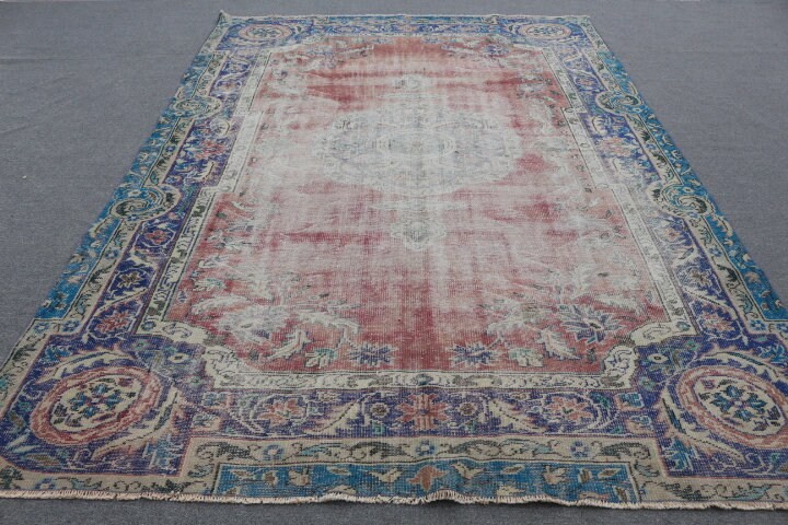 Yemek Odası Halısı, Salon Halısı, Vintage Halı, 7.3x10.3 ft Büyük Boy Halı, Salon Halıları, Oushak Halısı, Kırmızı Antika Halı, Yer Halıları, Türk Halısı