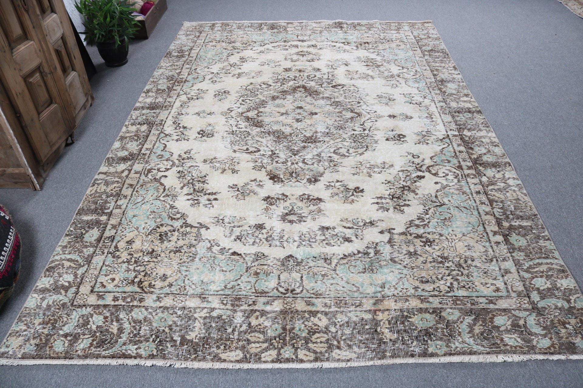 Bej Anadolu Halıları, Büyük Oushak Halısı, Türk Halısı, Boho Halısı, Yemek Odası Halıları, Mutfak Halıları, Vintage Halı, 6,5x9,7 ft Büyük Halılar, Harika Halı