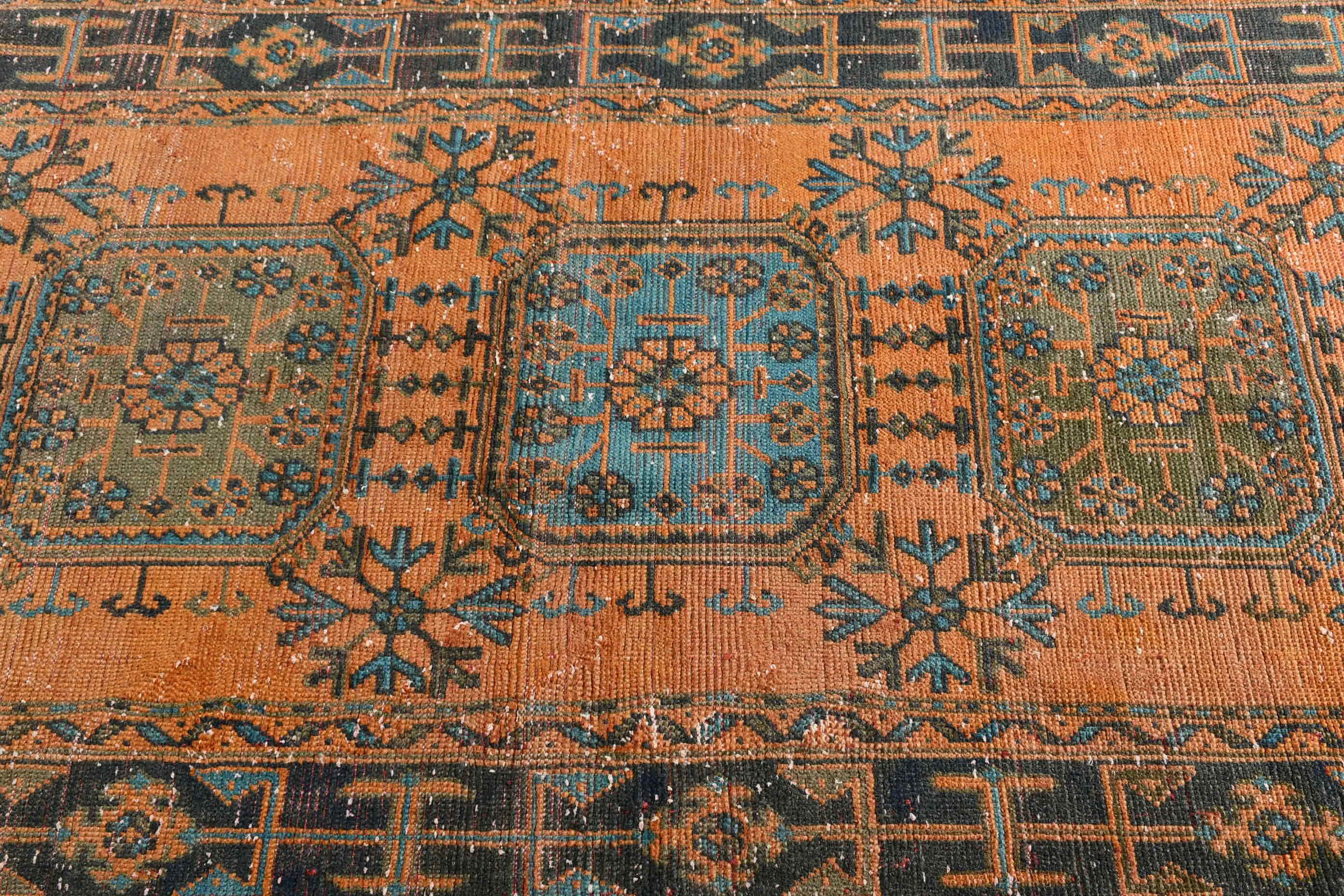 Turuncu Yün Halı, Oryantal Halı, Yün Halılar, Türk Halıları, 4,5x10,5 ft Büyük Halı, Salon Halıları, Oturma Odası Halısı, Yatak Odası Halısı, Vintage Halılar