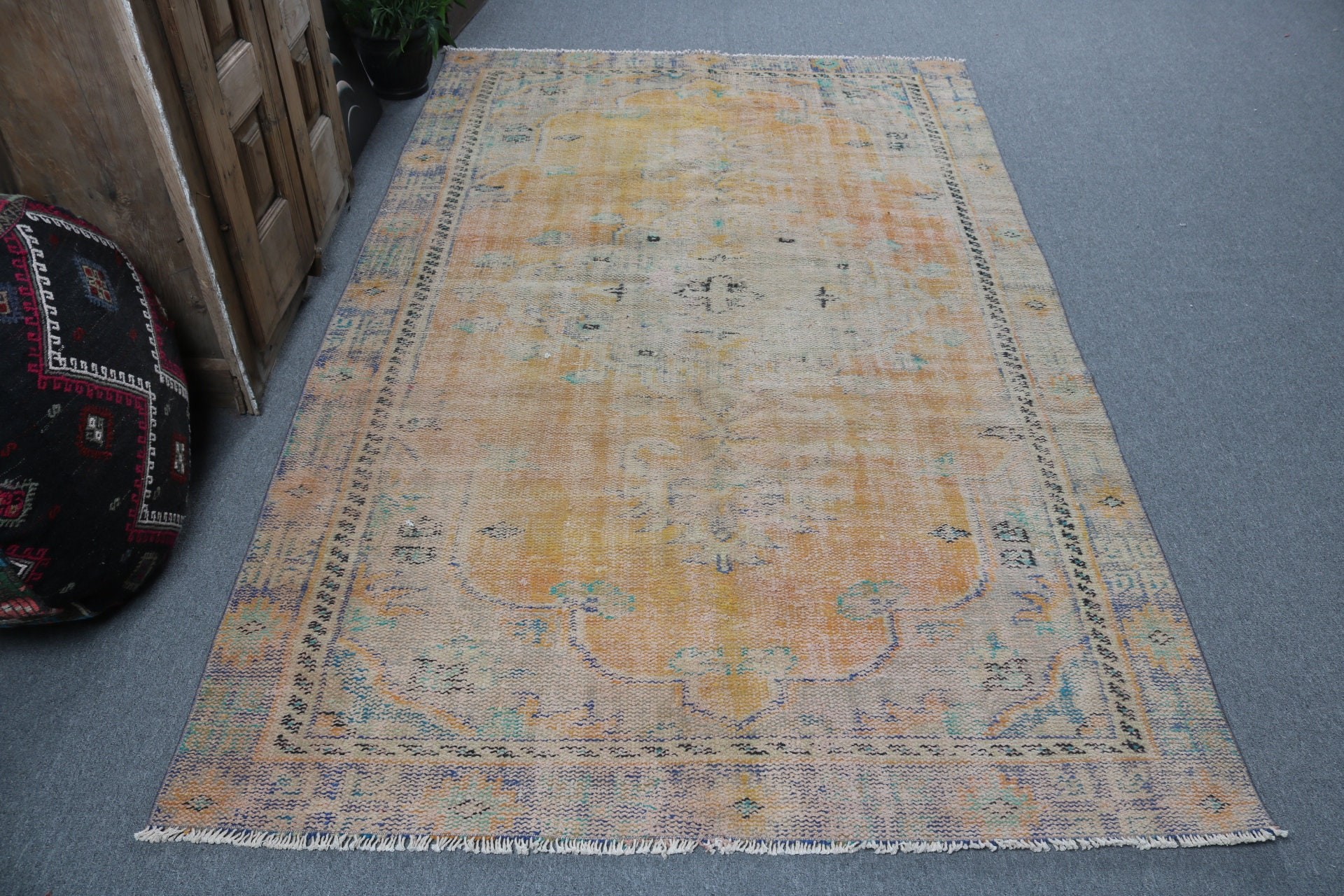 Kabile Halıları, Türk Halıları, Sarı Oryantal Halı, Vintage Halılar, Yemek Odası Halısı, Salon Halıları, Düz Dokuma Halı, Yün Halı, 4,9x8,4 ft Büyük Halı