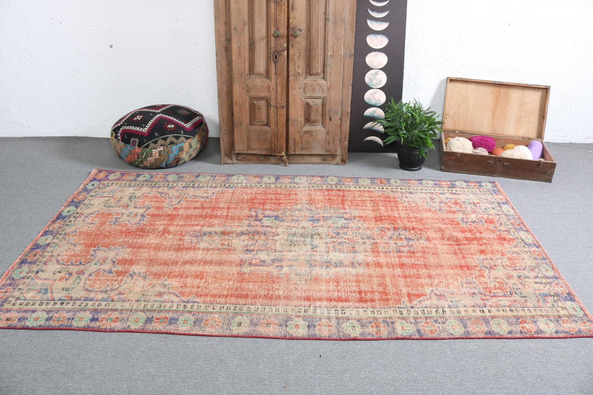 Yün Halı, Vintage Halı, Türk Halısı, Aztek Halıları, Büyük Boho Halısı, 5x8,7 ft Büyük Halı, Modern Halı, Kırmızı Bildirim Halısı, Büyük Vintage Halı