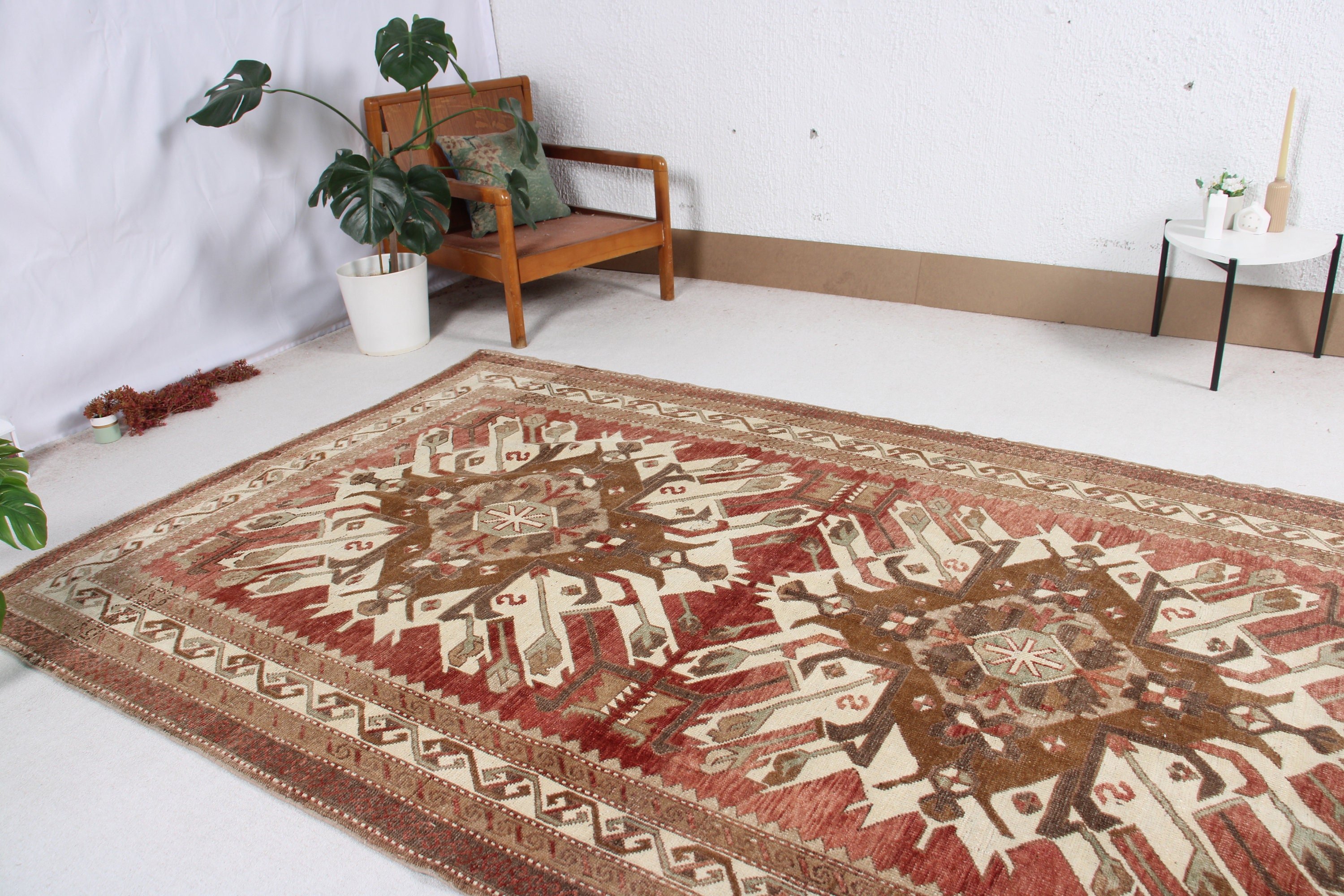 Modern Rugs, Aztec Rug, 5.6x9 ft Large Rugs, Large Vintage Rugs, Large Oushak Rug, Turkish Rugs, Vintage Rugs, Red Oushak Rug