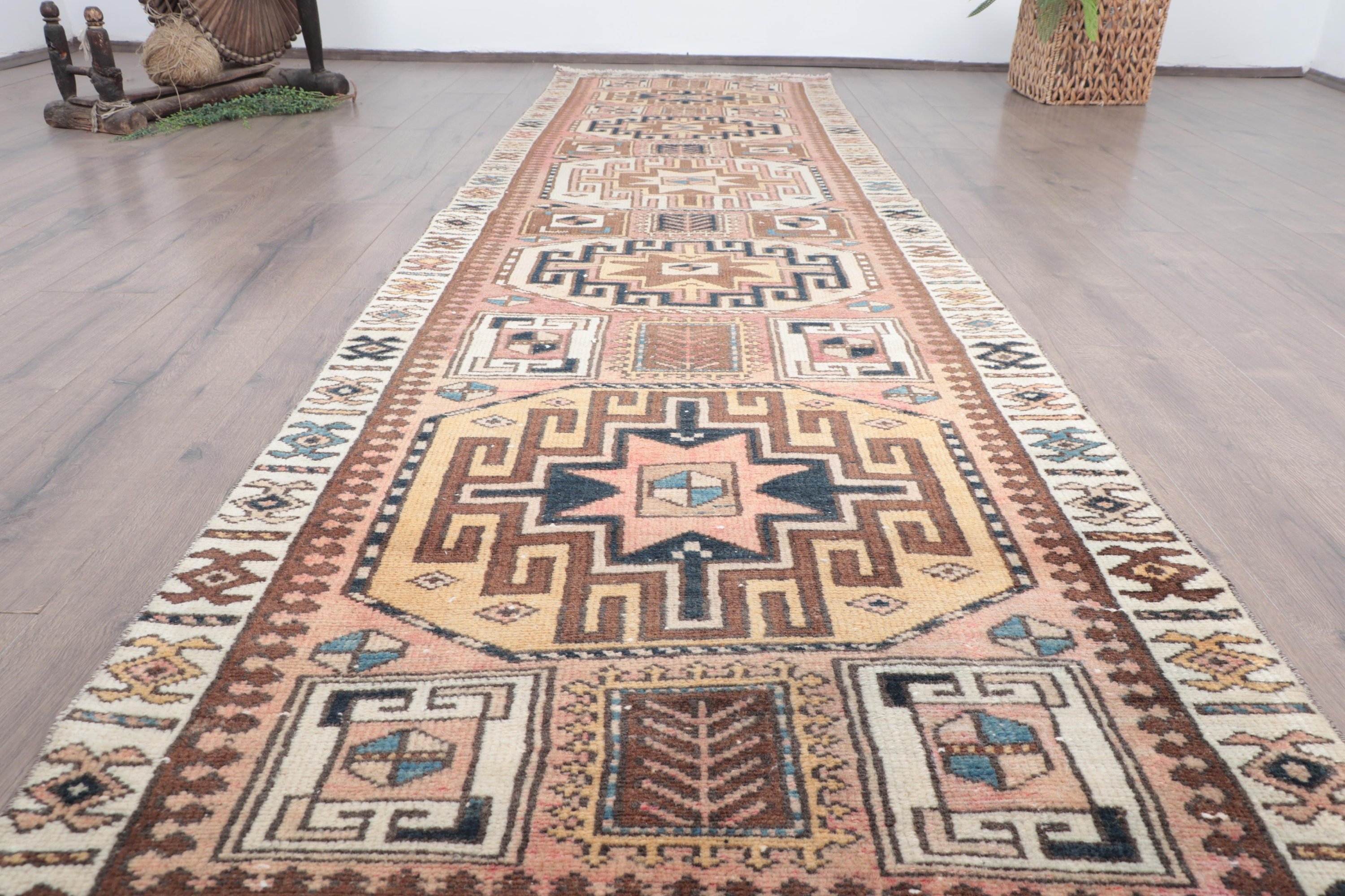 Vintage Rug, 2.7x10.1 ft Runner Rugs, Turkish Rugs, Geometric Rugs, Long Runner Rug, Rugs for Stair, Beige Anatolian Rugs