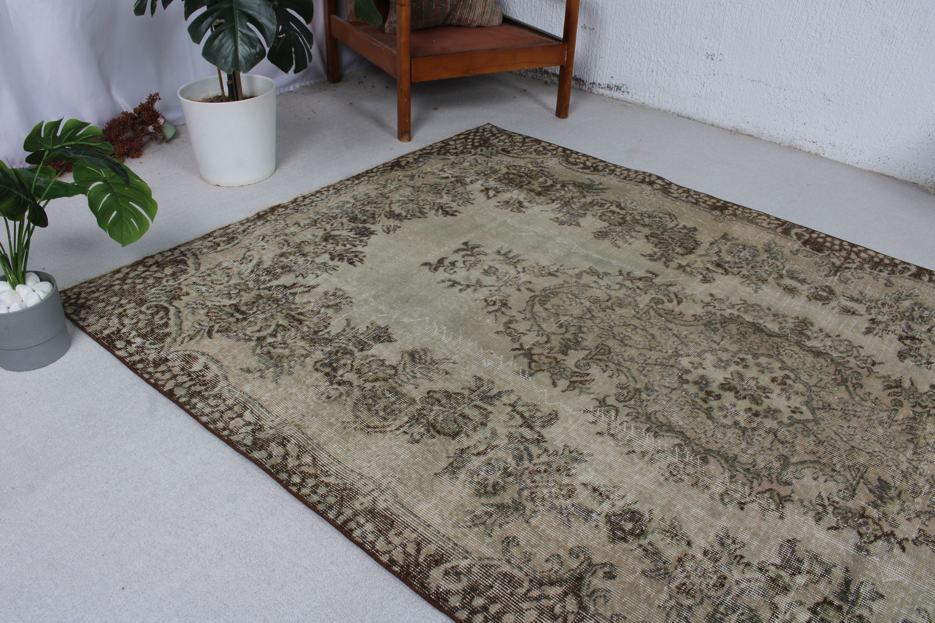 Oushak Halı, Vintage Halılar, Türk Halısı, Salon Halıları, Kahverengi 5.3x8.3 ft Büyük Halı, El Dokuma Halılar, Büyük Oushak Halısı, Havalı Halı