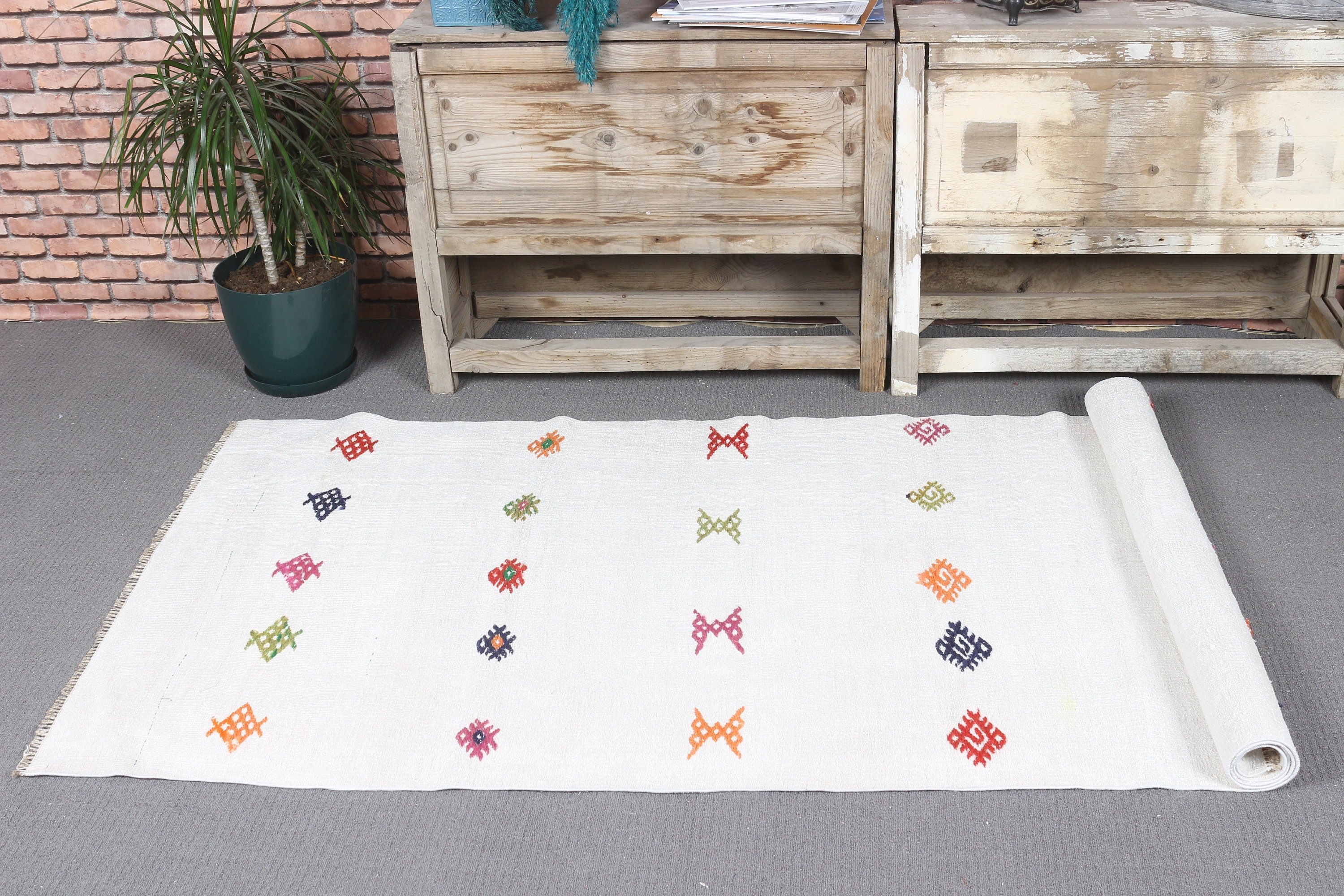 Vintage Rug, Retro Rugs, Home Decor Rug, Hallway Rug, White Wool Rug, Bedroom Rugs, Turkish Rug, 3x7.7 ft Runner Rugs, Rugs for Corridor