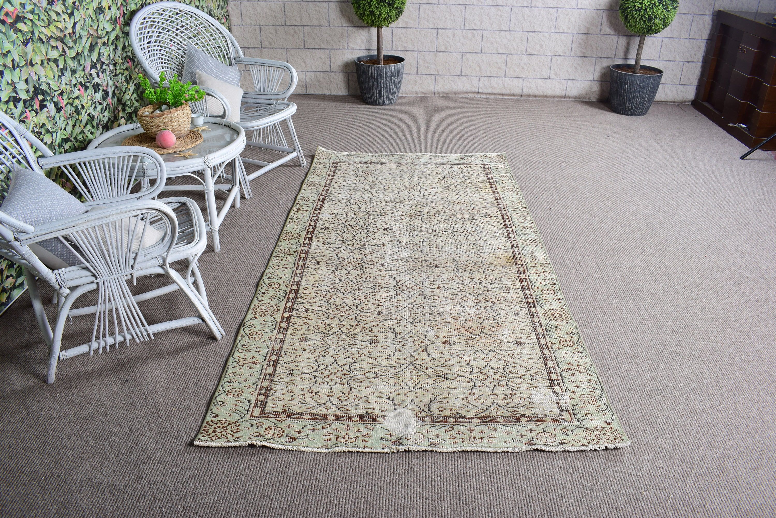 Vintage Halılar, Bej Yün Halı, 4.1x7.9 ft Alan Halısı, Boho Halısı, Türk Halısı, Boho Bölge Halısı, Anadolu Halısı, İç Mekan Halıları, Oturma Odası Halıları