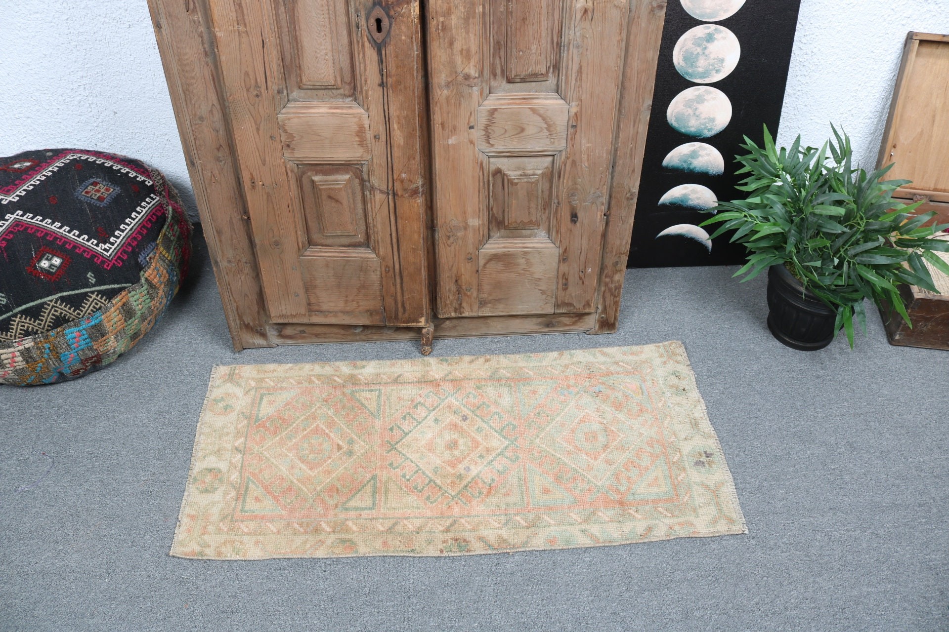 Vintage Halılar, 1.6x3.4 ft Küçük Halı, Turuncu Boho Halılar, Geometrik Halılar, Küçük Boho Halı, Küçük Vintage Halı, Modern Halı, Türk Halısı