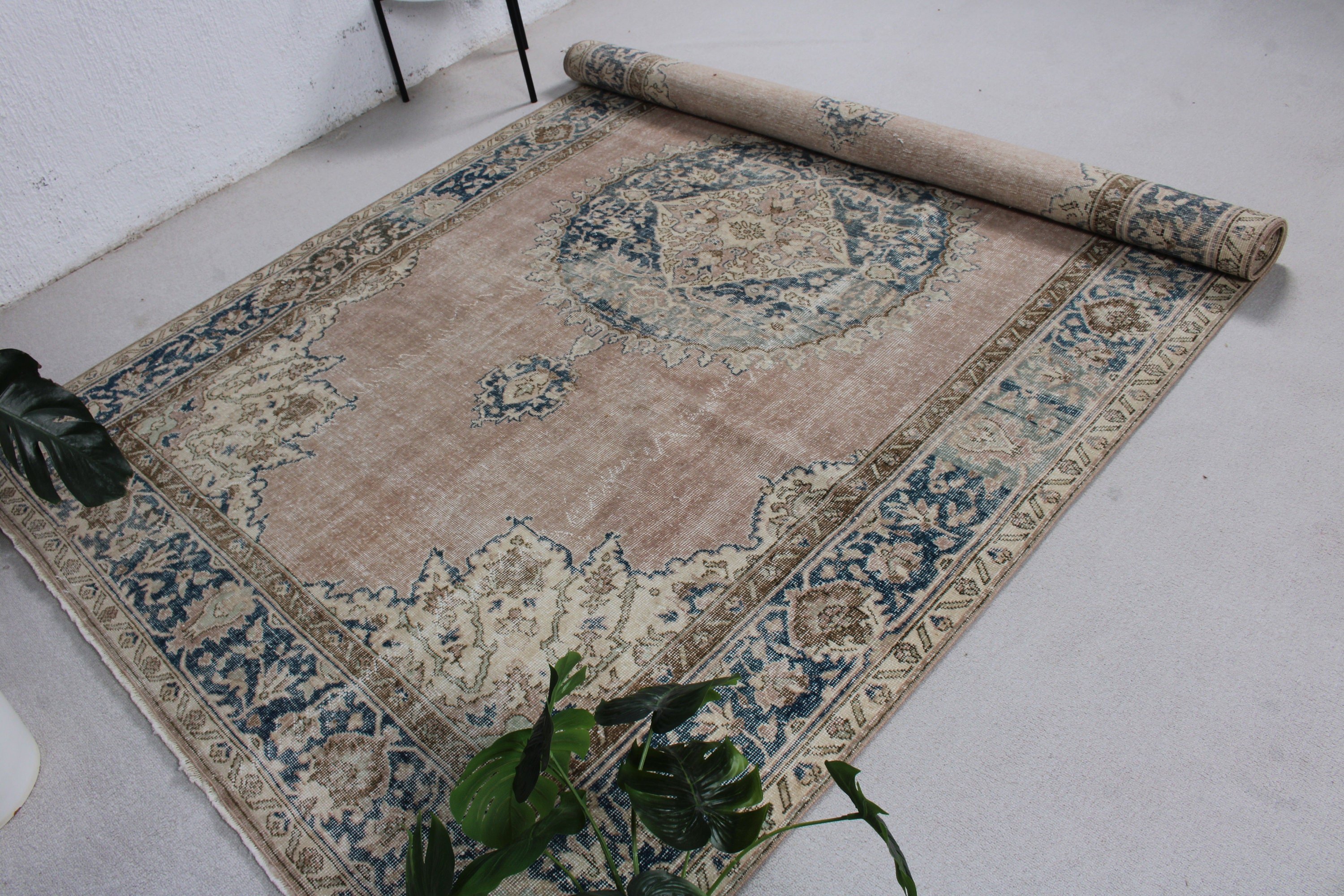 Havalı Halılar, Mavi Antika Halılar, Boho Halı, 6,5x9,9 ft Büyük Halı, Yatak Odası Halısı, Büyük Oushak Halıları, Vintage Halı, Türk Halısı, Oryantal Halı