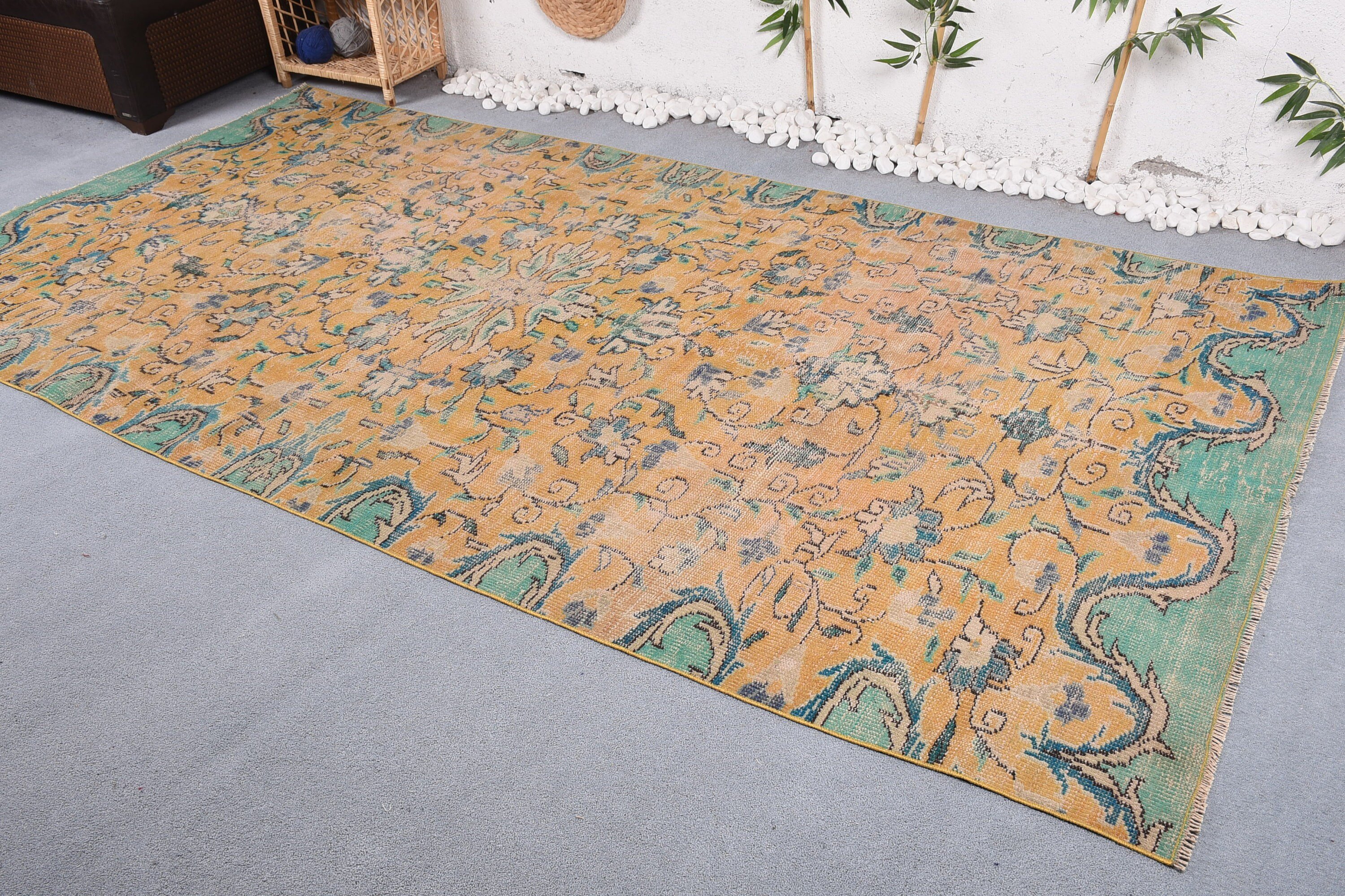 5.3x10.3 ft Large Rug, Yellow Floor Rug, Turkish Rugs, Vintage Rug, Bohemian Rug, Oriental Rug, Oushak Rug, Living Room Rug, Bedroom Rug