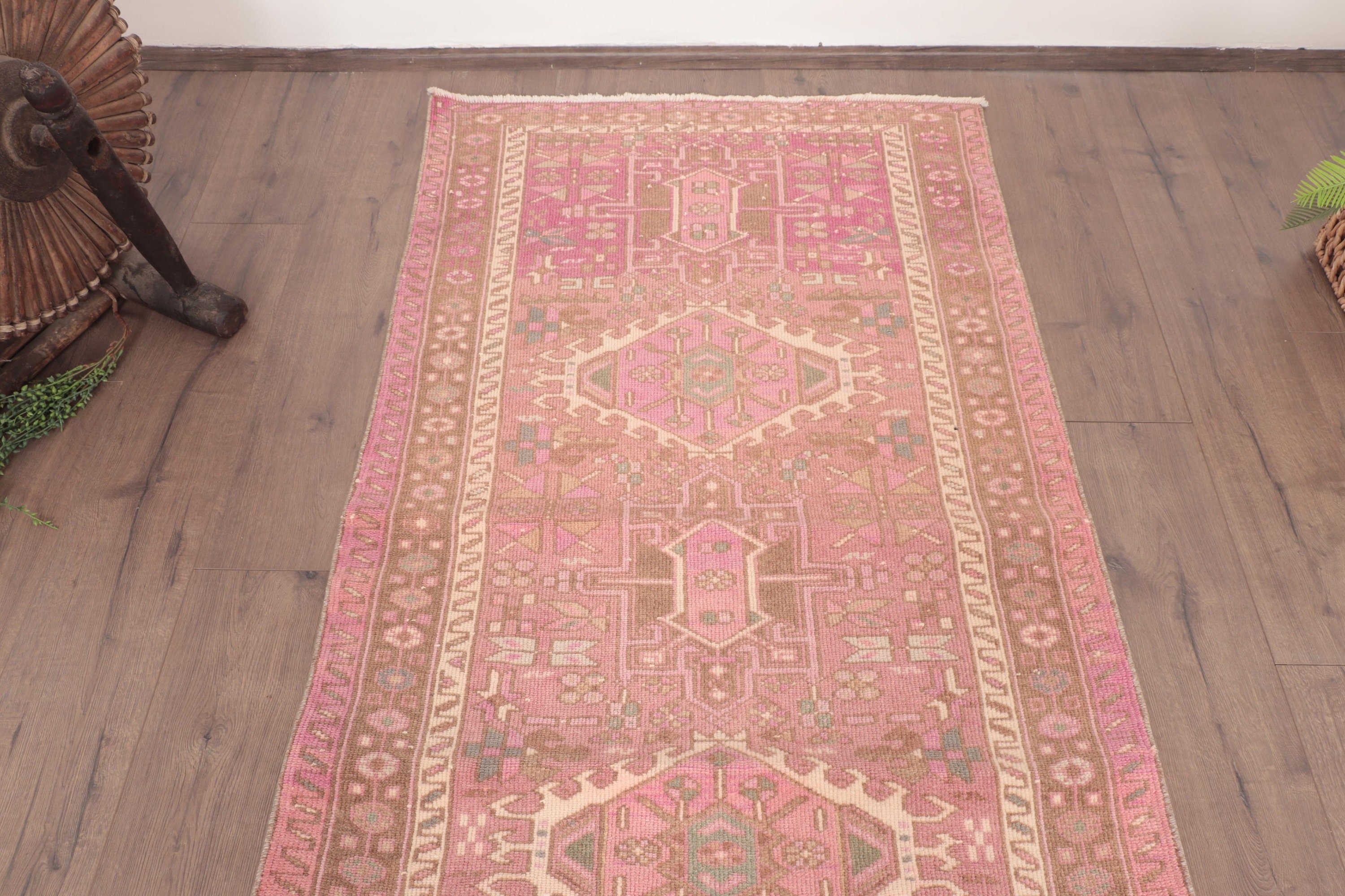 Turkish Rugs, Vintage Rug, Kitchen Rugs, Luxury Rugs, Rugs for Corridor, Aztec Rug, Pink Wool Rugs, Hallway Rug, 3.2x12.5 ft Runner Rug