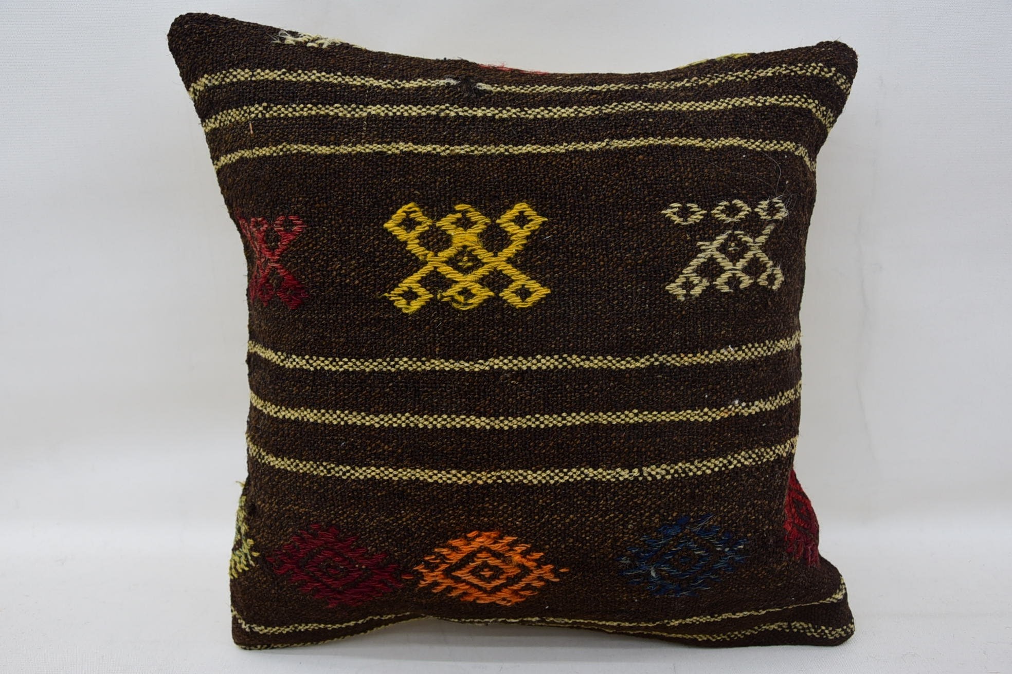 Cotton Pillow, Kilim Pillow, Vintage Kilim Throw Pillow, Turkish Rugs Pillow Sham, 14"x14" Brown Cushion Cover, Kilim Cushion Sham