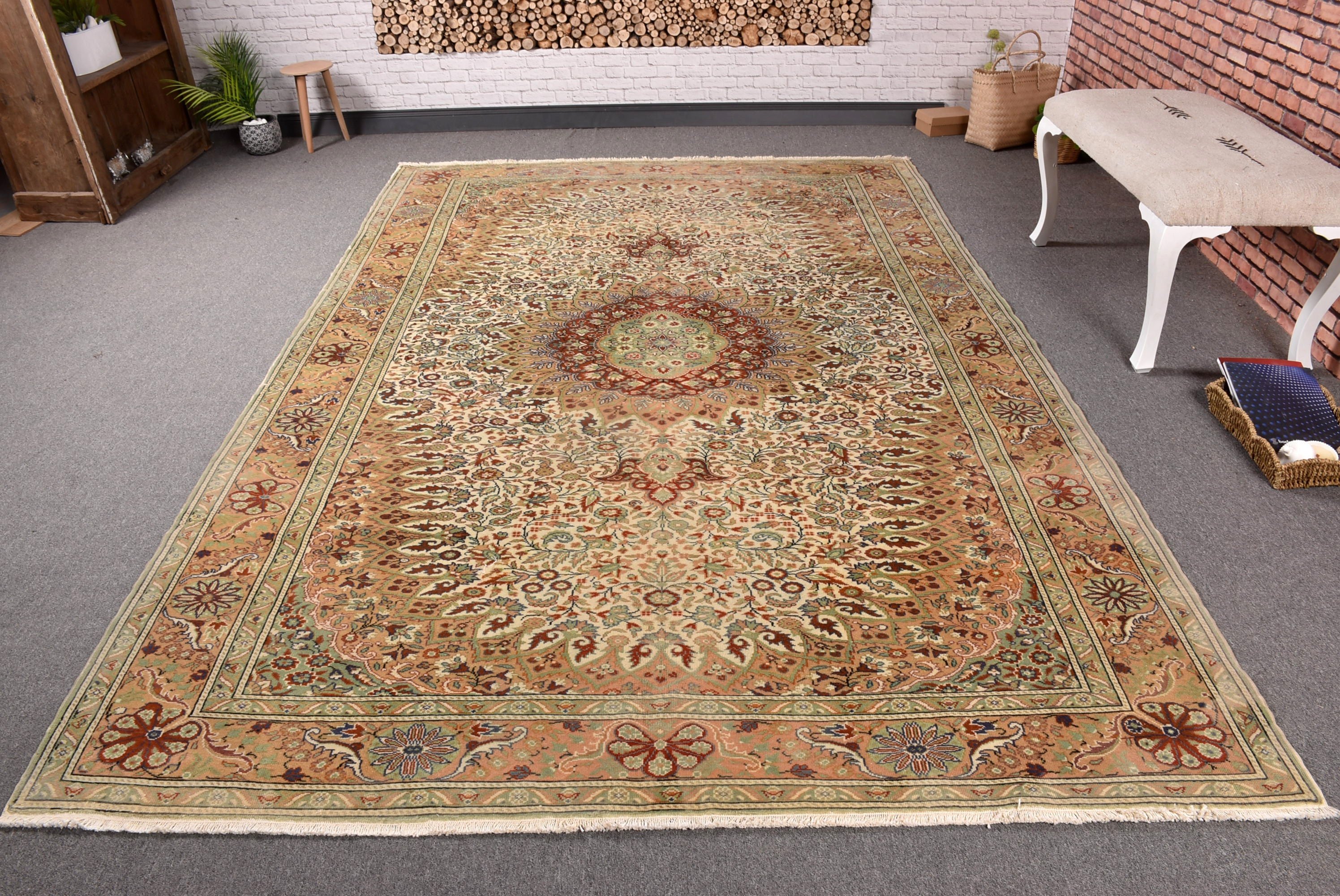 Büyük Vintage Halılar, Oturma Odası Halıları, Vintage Halı, Harika Halılar, 6.4x9.6 ft Büyük Halılar, Yeşil Oryantal Halılar, Türk Halıları