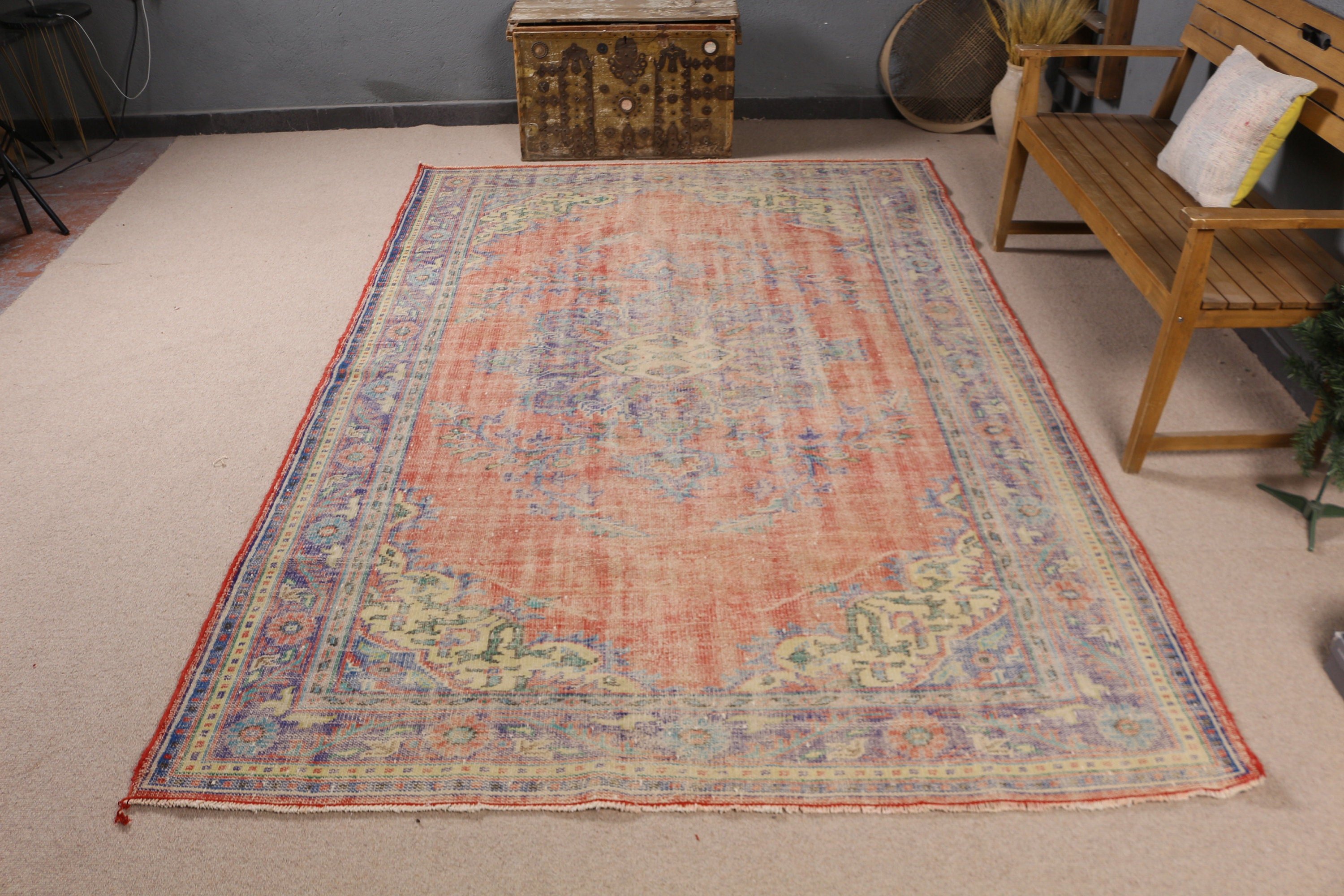 Kırmızı Oryantal Halı, 6.3x9.5 ft Büyük Halılar, Modern Halı, Yatak Odası Halıları, Yemek Odası Halısı, Vintage Halılar, Kabile Halısı, Türk Halıları, Anadolu Halısı