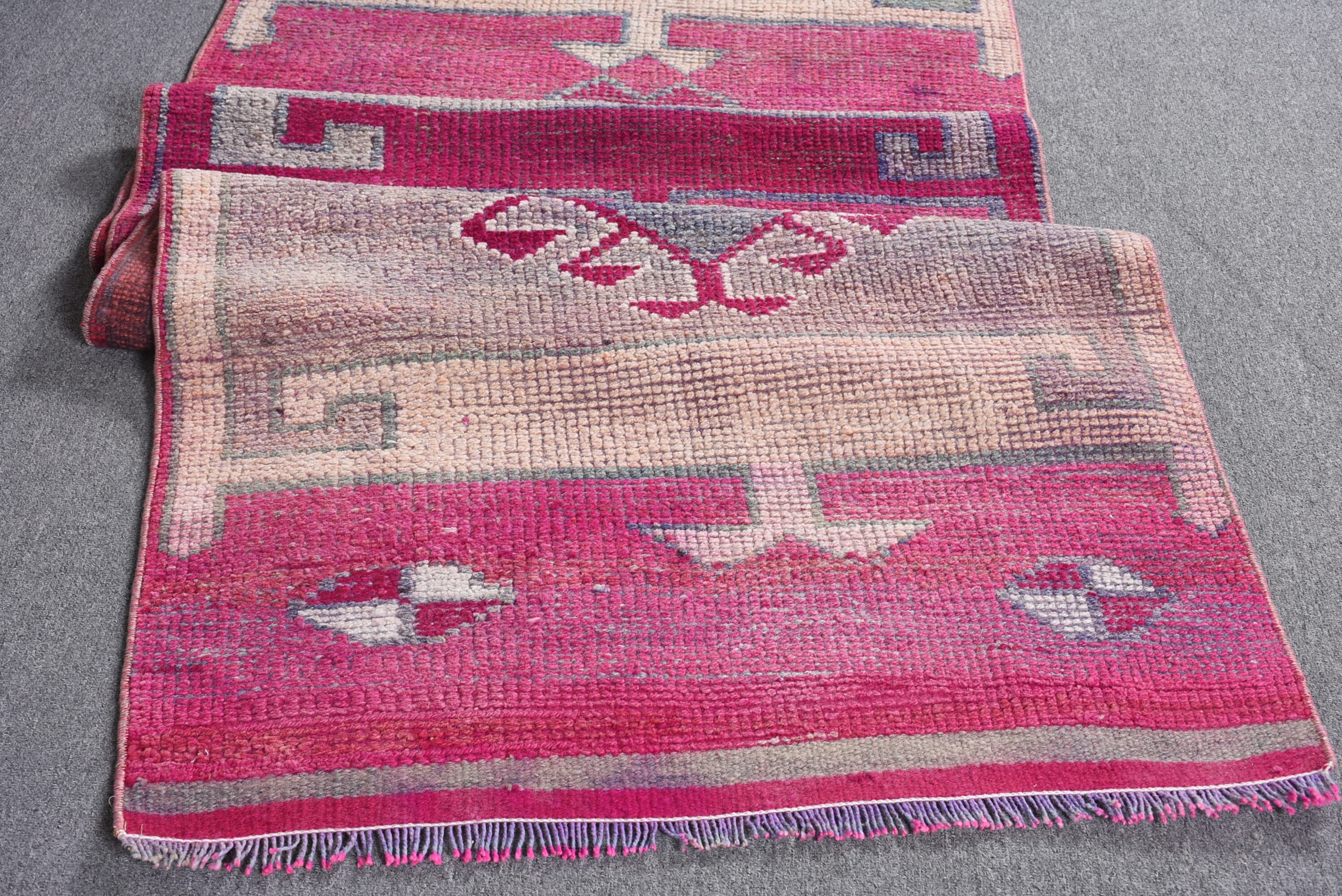 Pink Moroccan Rug, Wool Rug, 3x10.5 ft Runner Rug, Rugs for Corridor, Oushak Rug, Kitchen Rug, Hallway Rugs, Vintage Rug, Turkish Rugs