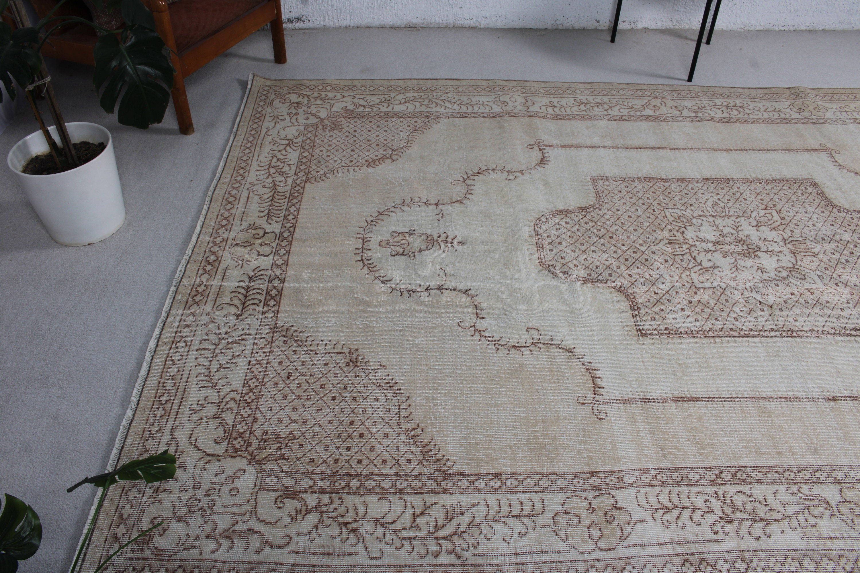 Bej Yer Halısı, Türk Halıları, Açıklama Halıları, Salon Halısı, Ev Dekorasyonu Halısı, Vintage Halı, 6.8x10.3 ft Büyük Boy Halılar, Yemek Odası Halıları