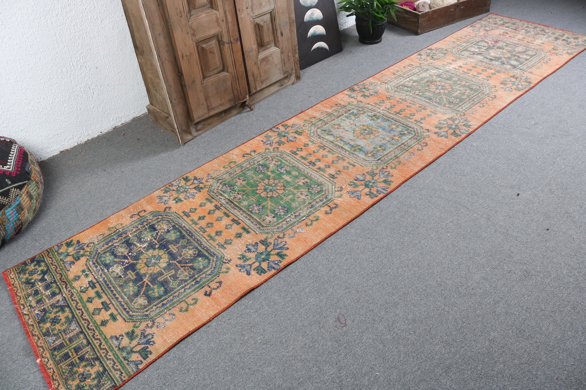 Mutfak Halıları, 2,5x11,6 ft Runner Halıları, Vintage Runner Halıları, Turuncu Havalı Halılar, Türk Halıları, Oushak Halısı, Vintage Halılar, Boho Halıları