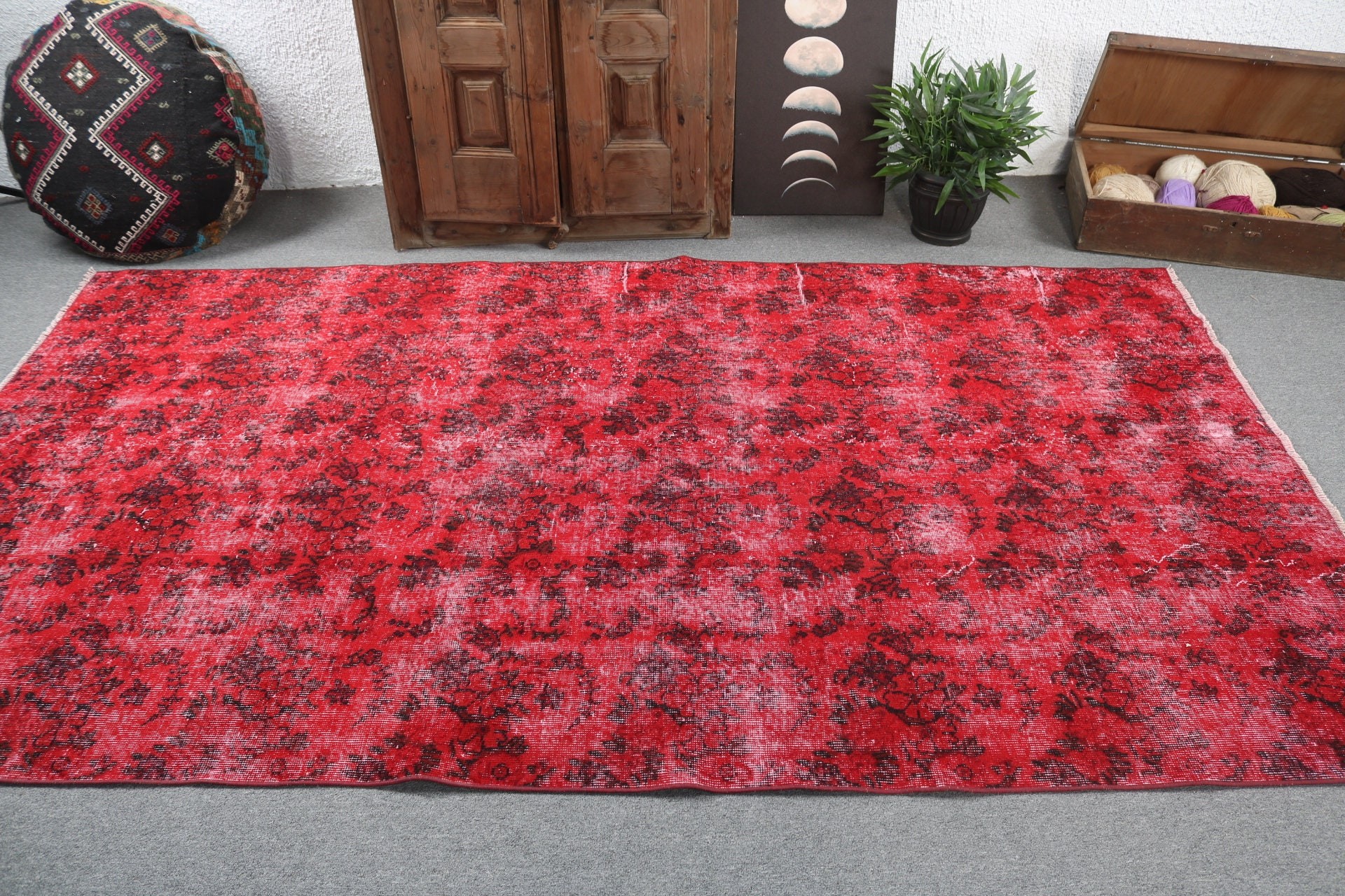 El Dokuma Halı, Vintage Halı, Yemek Odası Halısı, Kırmızı 5x8.9 ft Büyük Halı, Yatak Odası Halıları, Türk Halıları, Büyük Oushak Halısı, Boho Halıları