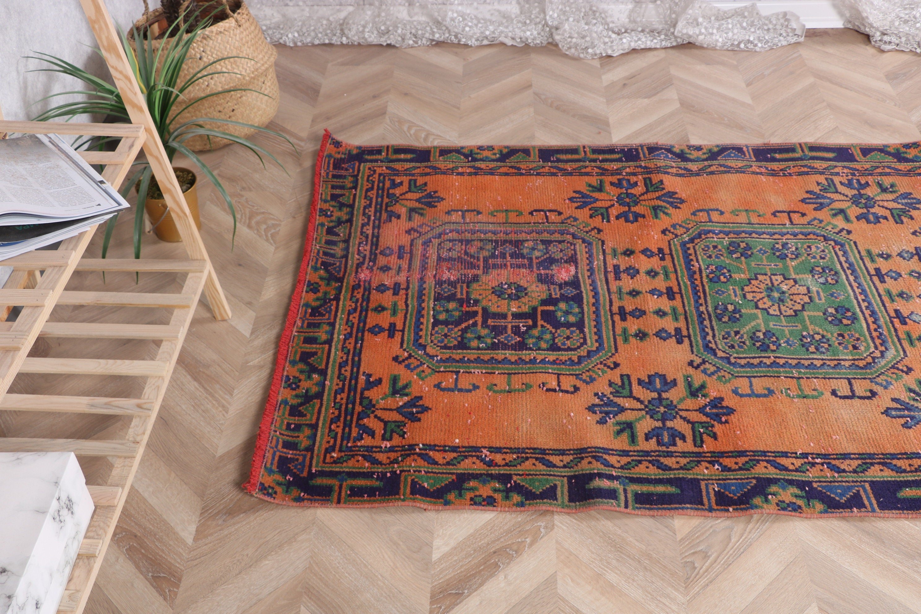 Merdiven Halısı, Vintage Halı, 3.6x10.1 ft Runner Halıları, Turuncu Geometrik Halı, El Dokuma Halıları, Türk Halısı, Beni Ourain Runner Halıları, Boho Halısı