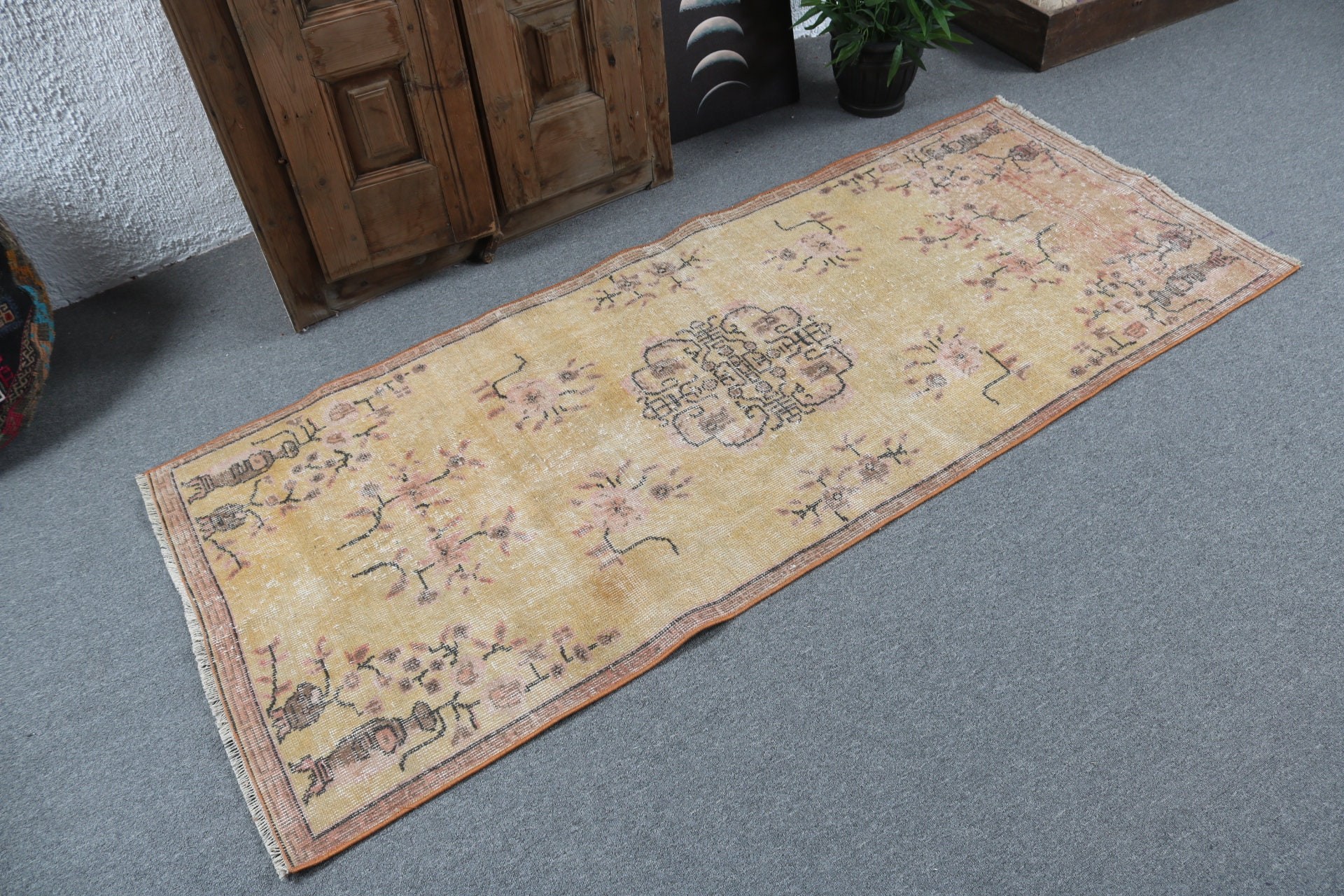 Boho Accent Halı, 2.8x6.7 ft Accent Halılar, Yün Halılar, Türk Halıları, Anadolu Halısı, Vintage Halılar, Sarı Bildirim Halısı, Mutfak Halıları