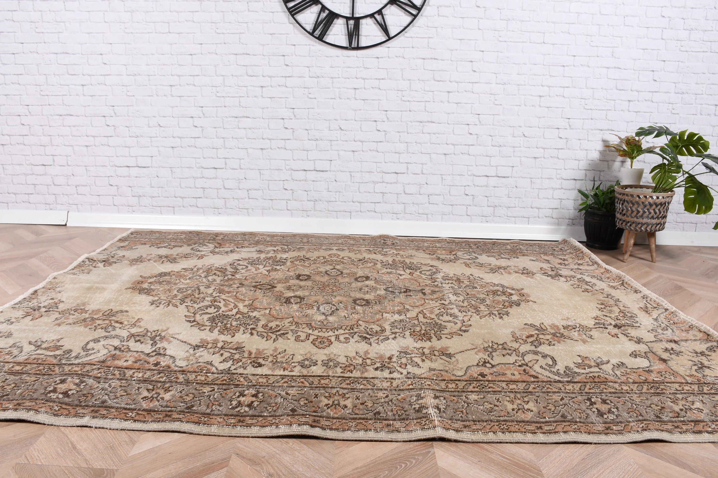 Ev Dekorasyonu Halısı, Bej Oushak Halıları, Yatak Odası Halısı, Vintage Halılar, Türk Halısı, 5.8x7.1 ft Büyük Halı, Yemek Odası Halısı, Oturma Odası Halıları