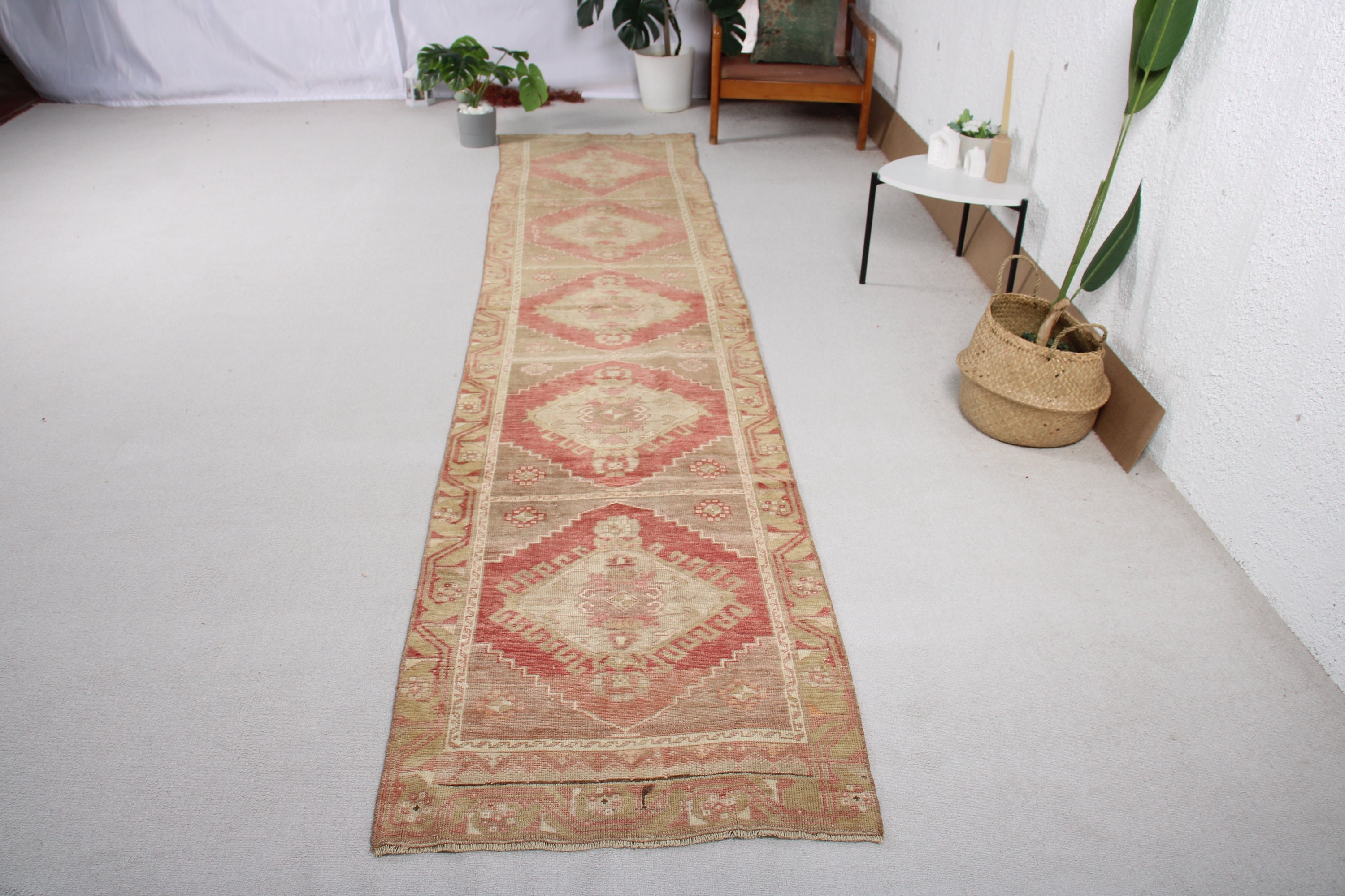 Vintage Rug, Exotic Rug, 2.8x12 ft Runner Rugs, Stair Rug, Green Luxury Rug, Home Decor Rugs, Kitchen Rugs, Turkish Rug, Vintage Runner Rug