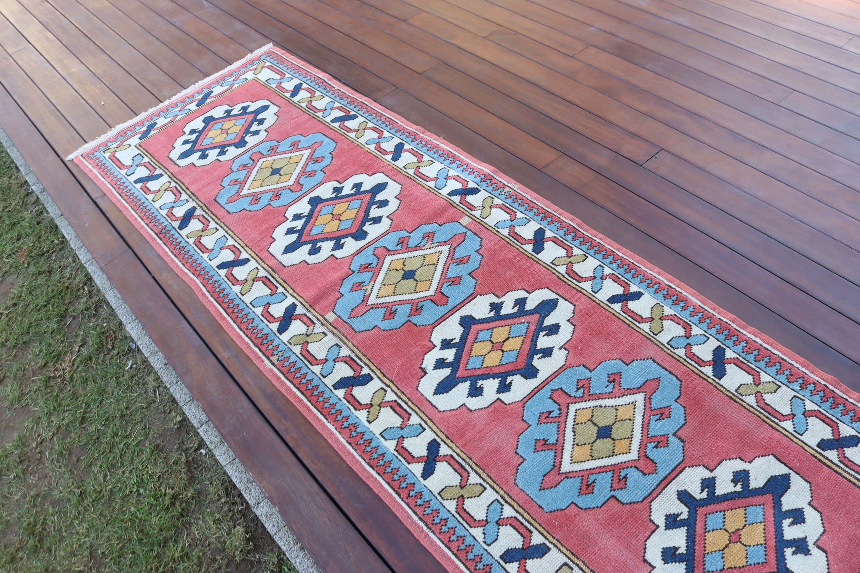 Vintage Runner Halıları, Vintage Halılar, Türk Halıları, Koridor Halıları, Pembe Geometrik Halılar, Fas Halısı, 2.6x7.7 ft Runner Halıları