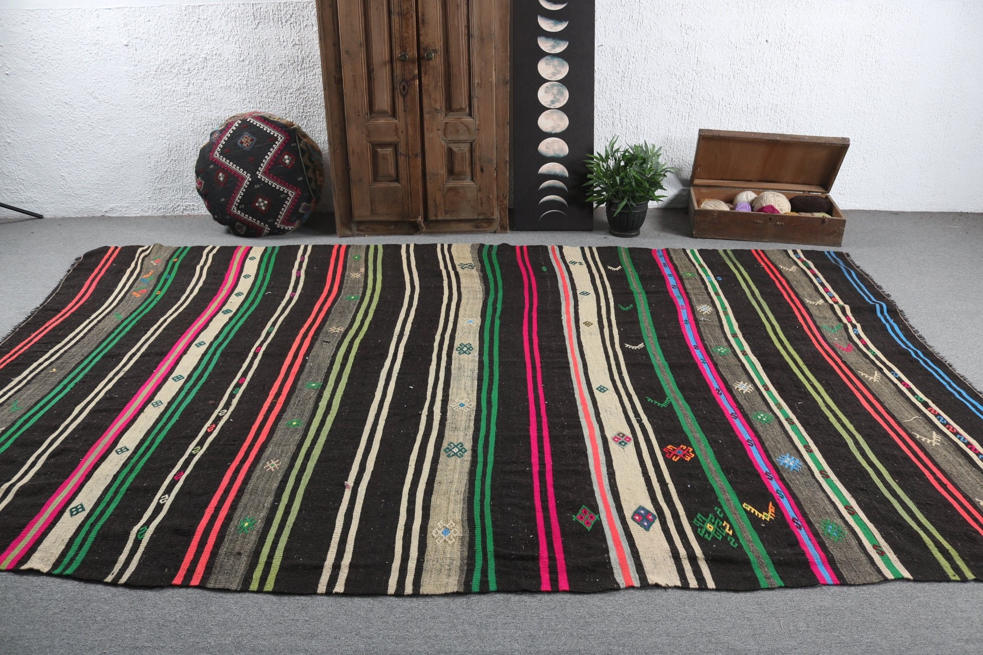 Bedroom Rug, Saloon Rugs, 7.3x12 ft Oversize Rug, Vintage Rug, Kilim, Black Antique Rug, Oversize Turkish Rug, Oriental Rug, Turkish Rugs