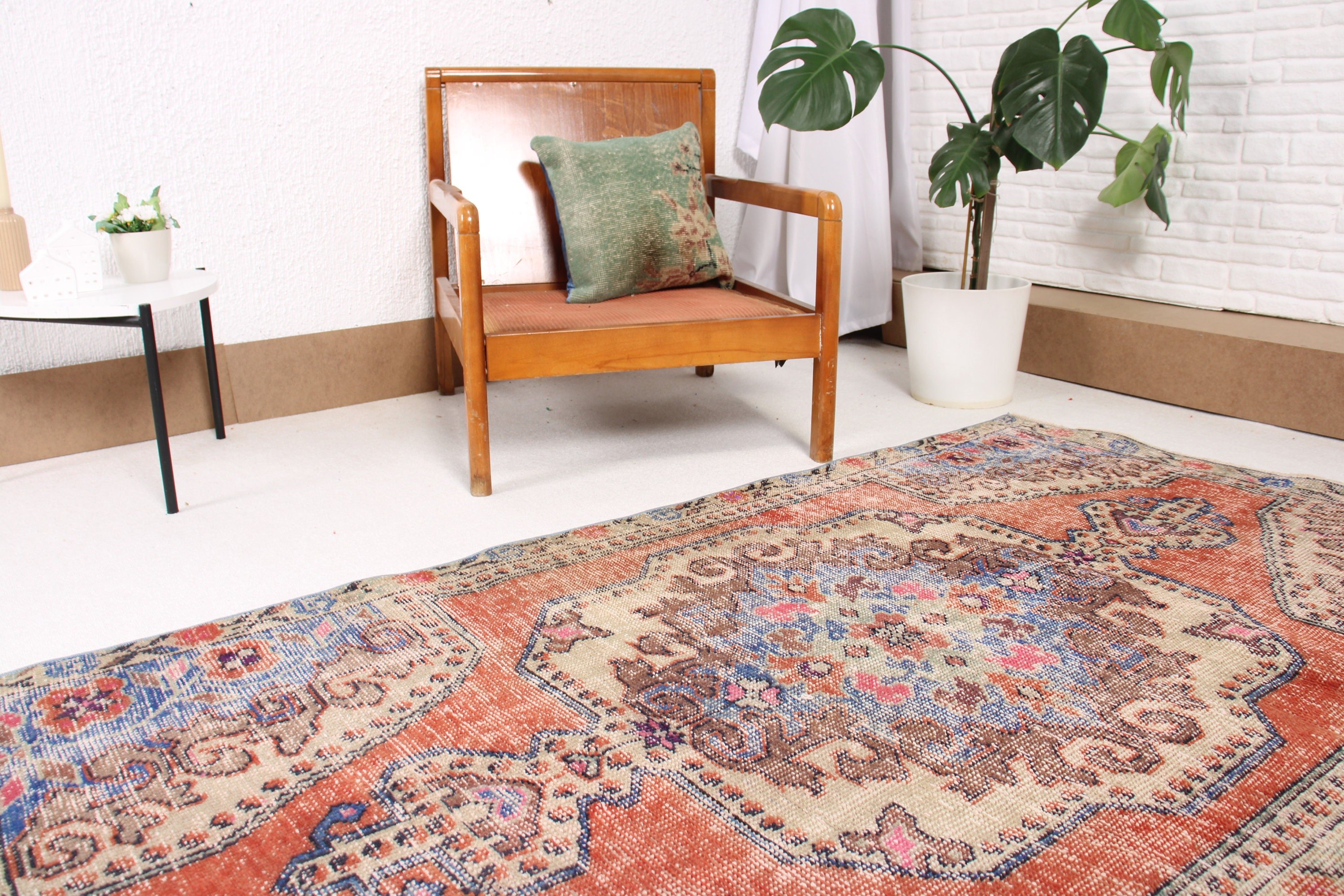 Oushak Bölge Halıları, Kırmızı Geometrik Halı, Etnik Halı, 3,9x6,6 ft Alan Halısı, Türk Halısı, Vintage Halılar, Yer Halıları, Boho Bölge Halıları, Anadolu Halıları