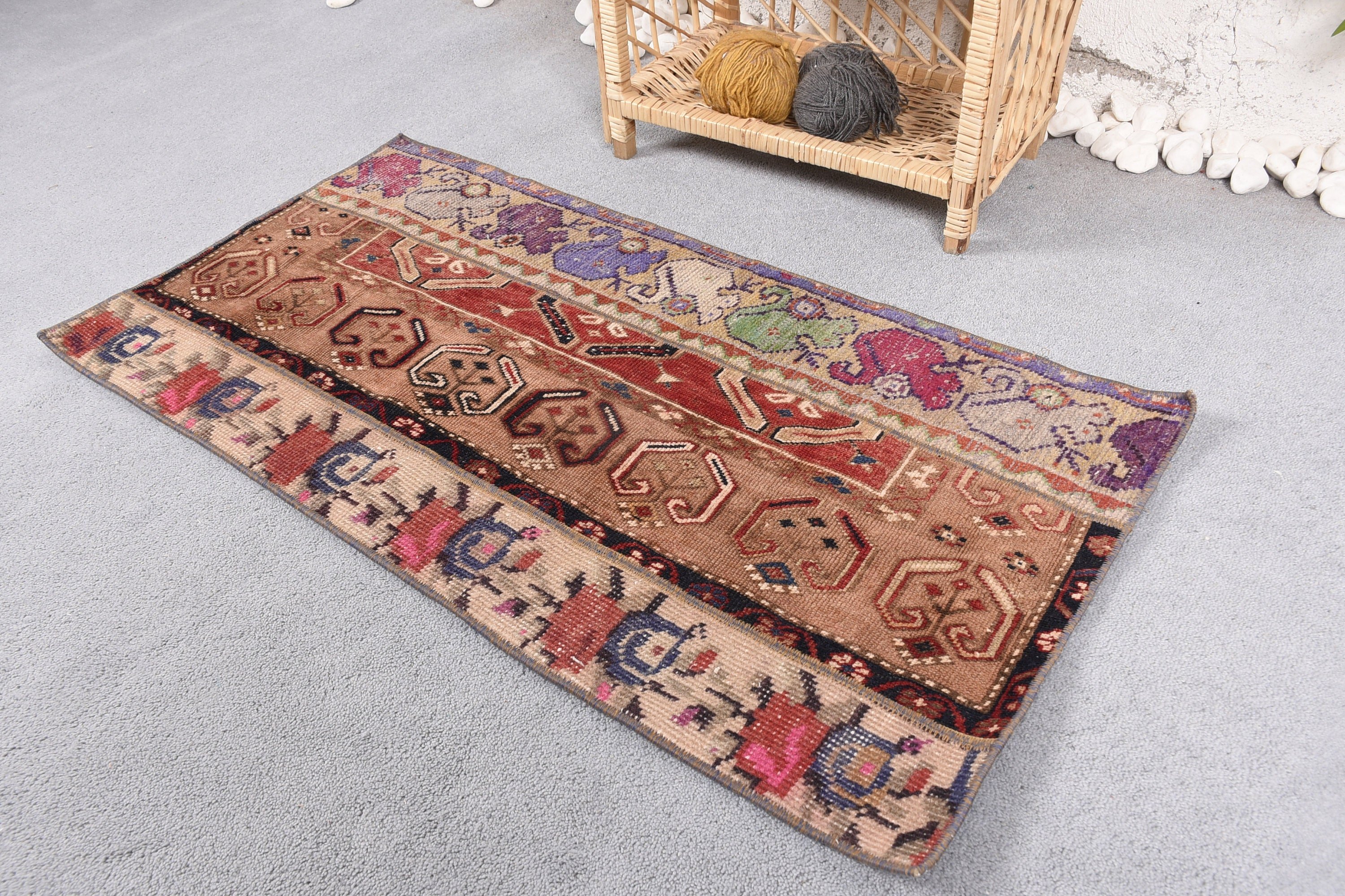 Turkish Rugs, Decorative Rug, Vintage Rug, Brown Wool Rug, Bathroom Rug, Rugs for Entry, Bedroom Rug, 1.8x3.5 ft Small Rug, Wool Rug