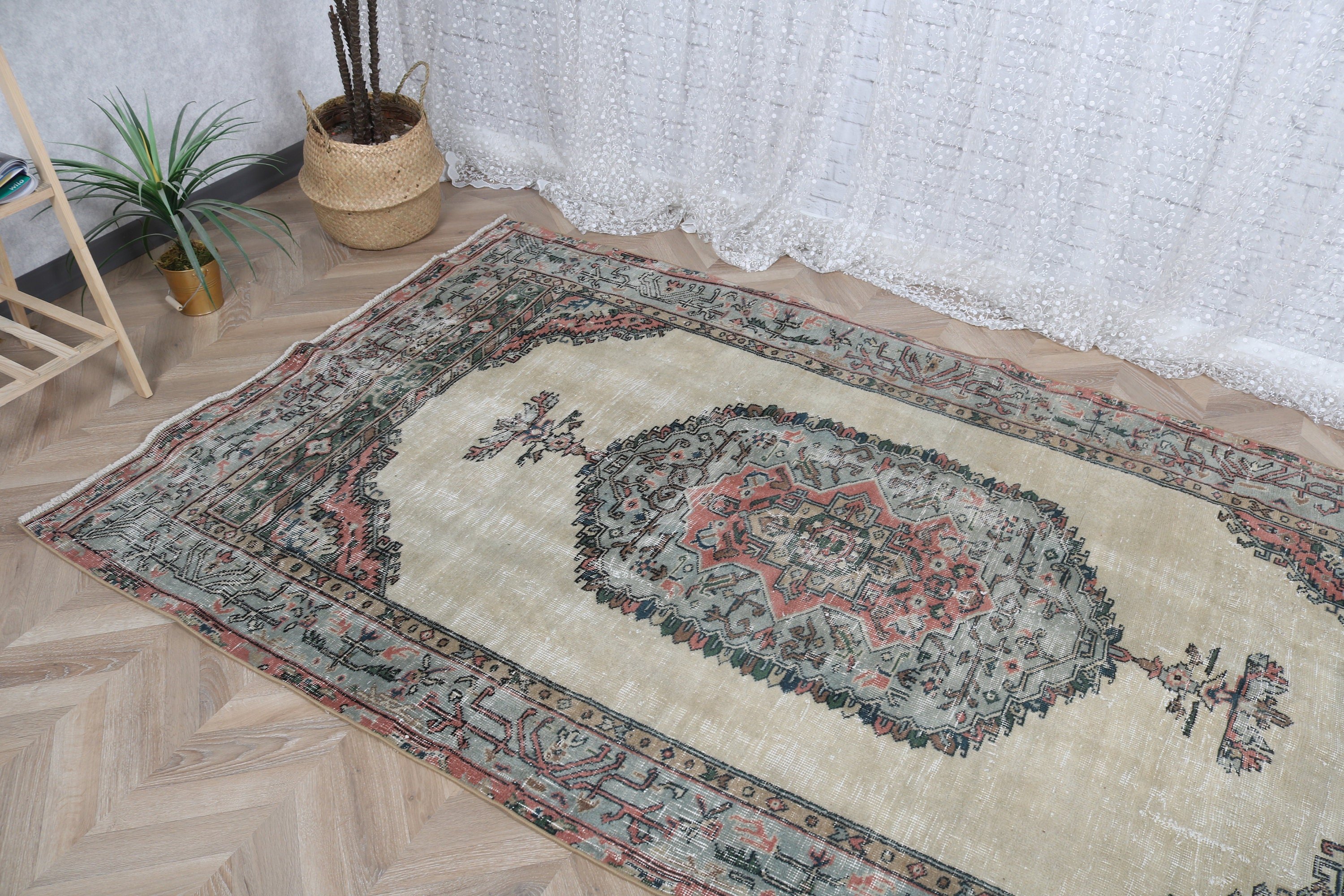 Turkish Rugs, Rugs for Dining Room, Vintage Rugs, Indoor Rugs, Beige Wool Rug, Handwoven Rug, Home Decor Rugs, 4.6x8.4 ft Area Rug