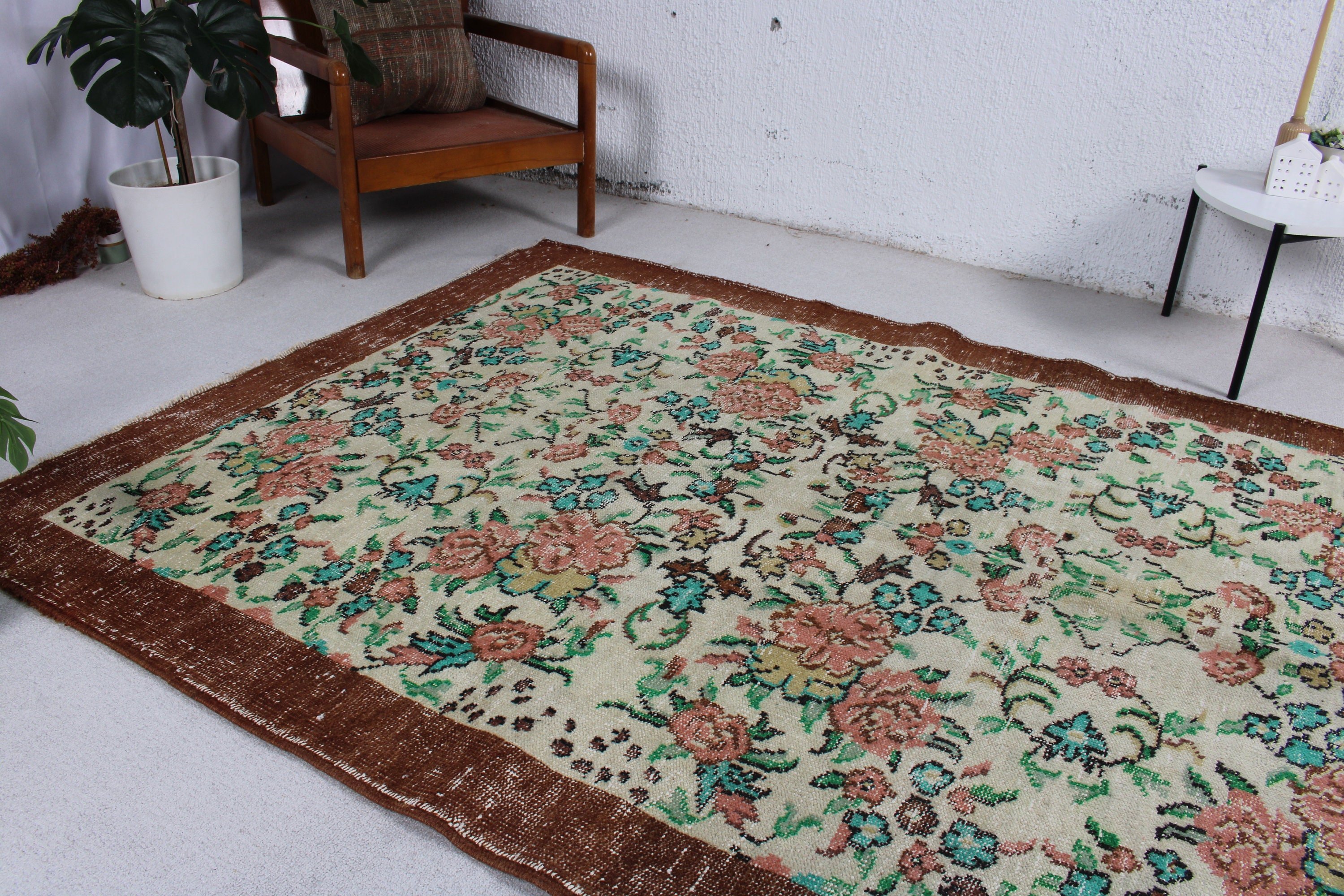 Açıklama Halısı, Türk Halısı, Ev Dekorasyonu Halıları, Vintage Halı, Büyük Oushak Halısı, Yatak Odası Halısı, Kahverengi Anadolu Halısı, 5,3x8,3 ft Büyük Halılar