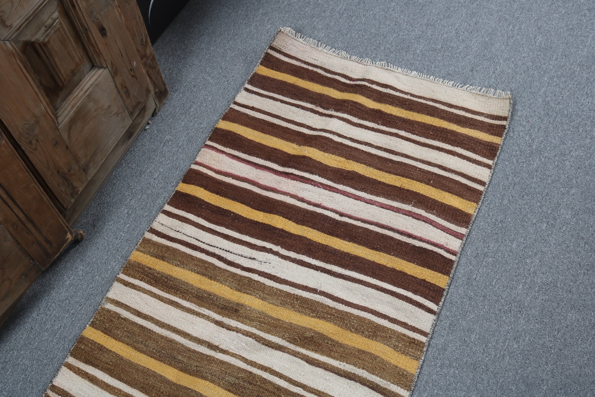 2x4.5 ft Küçük Halı, Kilim, Nötr Halı, Banyo Halısı, Kahverengi Modern Halılar, Küçük Vintage Halı, Vintage Halı, Türk Halıları, Geometrik Halılar